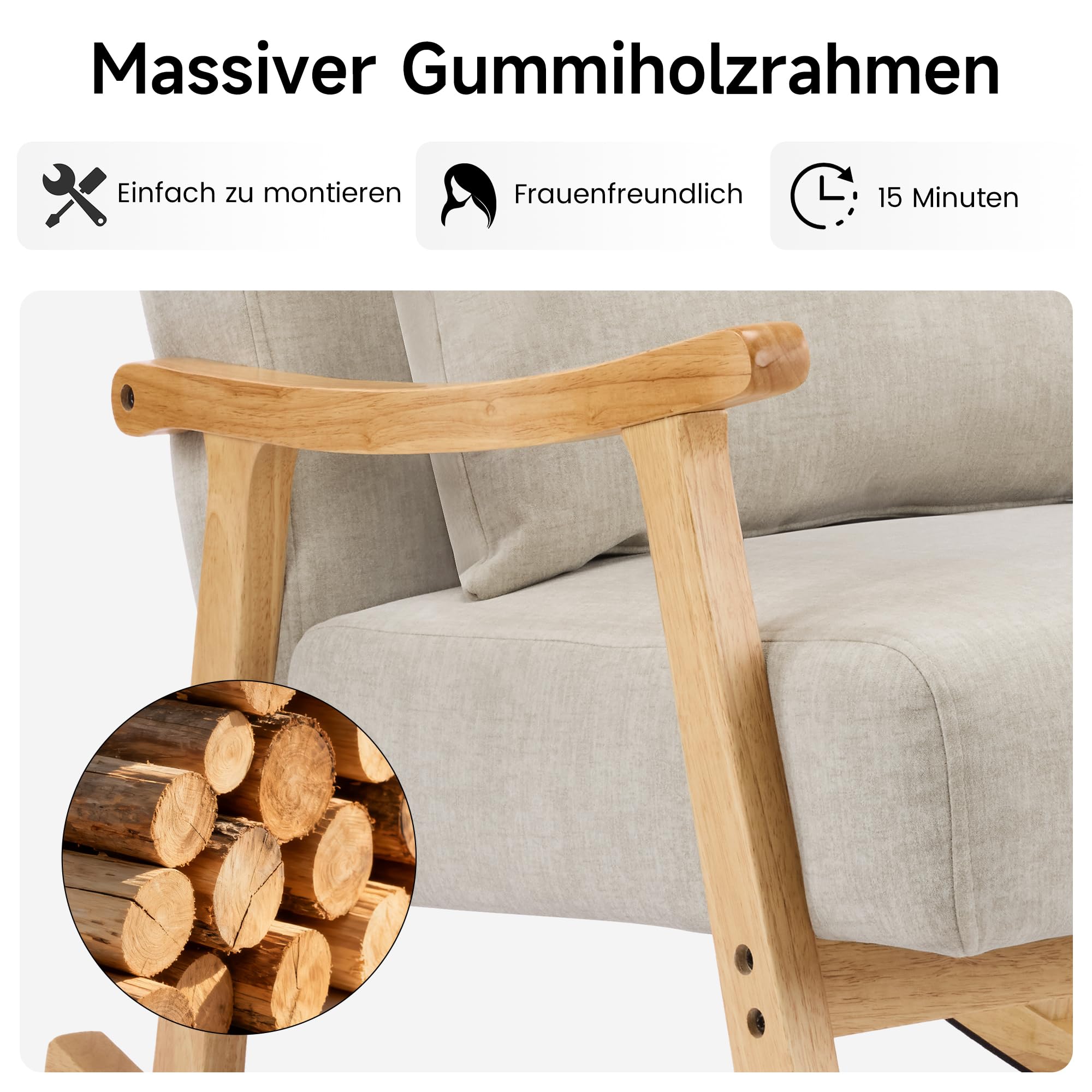 Schaukelstuhl, Schaukelsessel mit Lendenkissen, Stillsessel für Babyzimmer und Erwachsene, Stillstuhl mit Massivholzgestell, Rocking Chair für Wohnzimmer und Schlafzimmer,Hellgrau