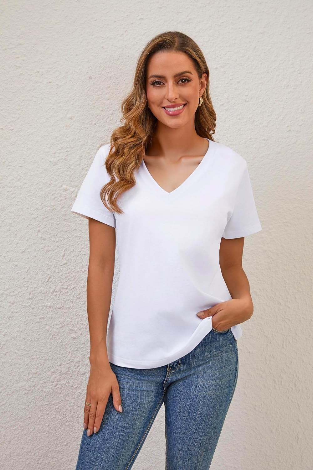 100% Cotton V Neck Short Sleeve T Shirts for Women, Plain T-Shirt,Basic Tees - Image 4