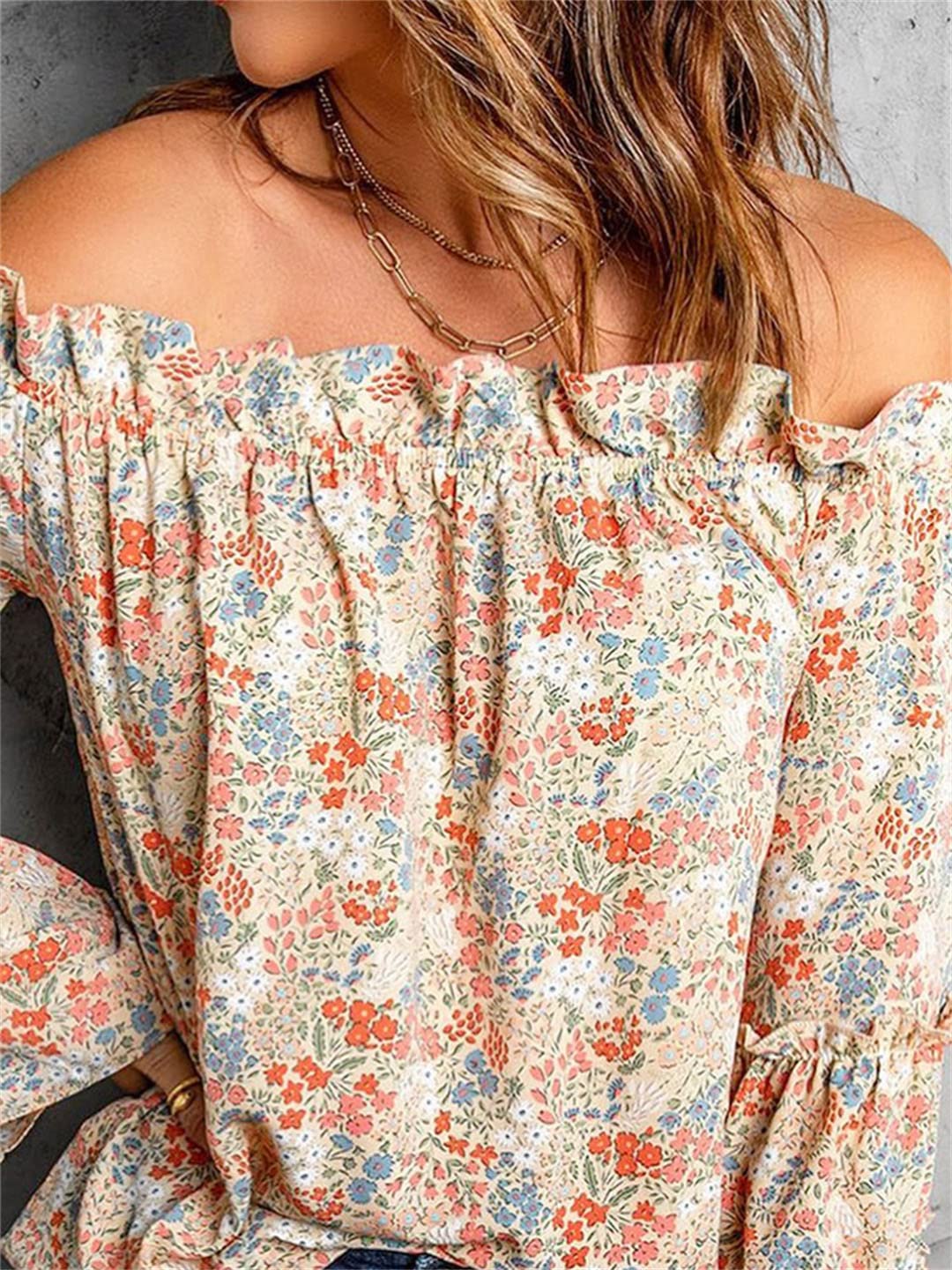 Camicetta in Chiffon con Maniche a Lanterna con Spalle Scoperte da Donna Top a Maniche Lunghe a Campana con Stampa Floreale Oversize