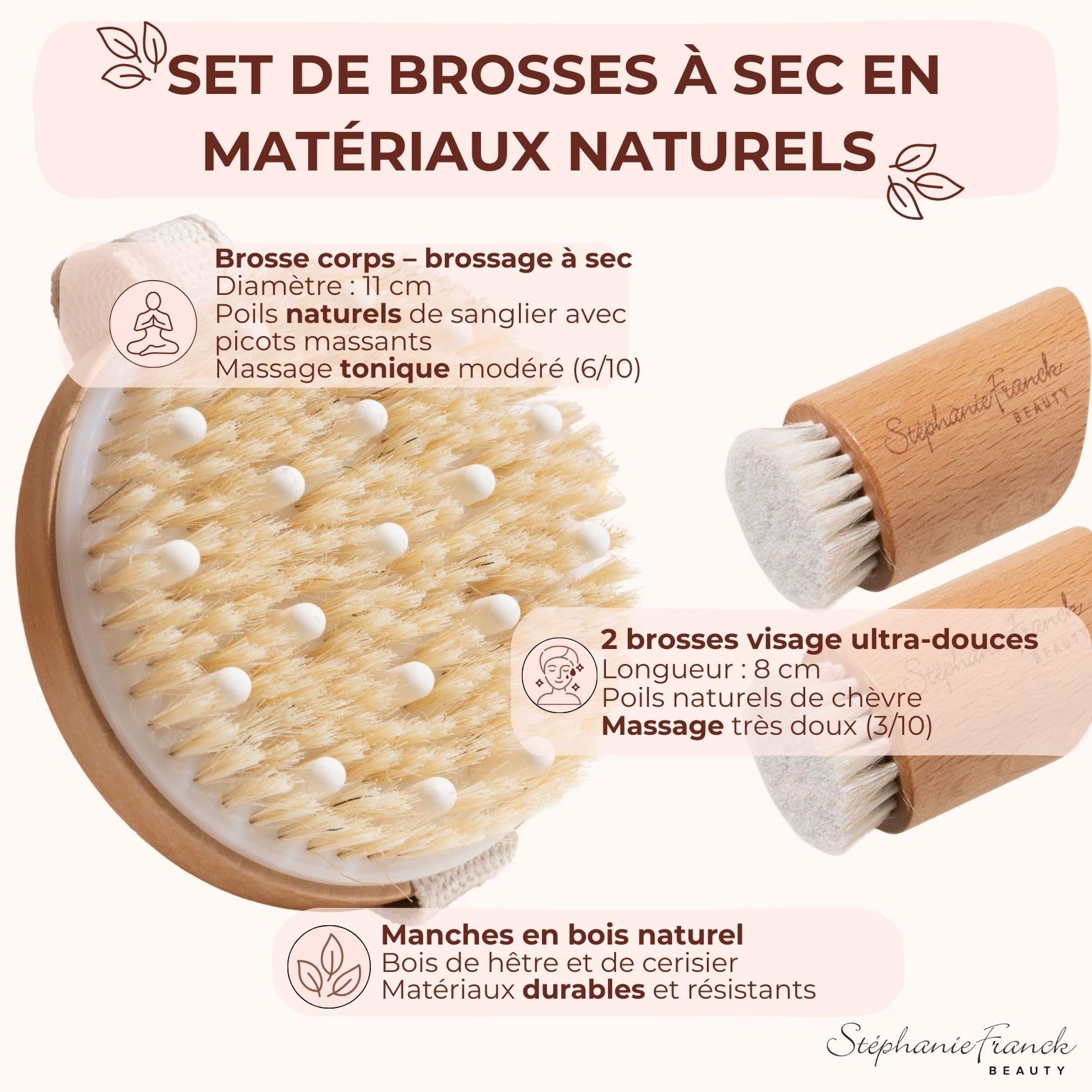 Brossage à Sec Visage et Corps – Coffret 3 Brosses Exfoliantes en Poils Naturels – Brosses Visage Douce Peau Sensible – Brosse Corps Massage – Bois Hêtre & Cerisier