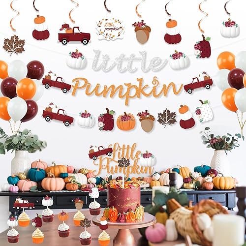 Miniatura 5 de K KUMEED Decoraciones de fiesta de calabaza pequeña, pancarta de calabaza roja y blanca, hojas de otoño, calabaza, camión, decoración de pastel,