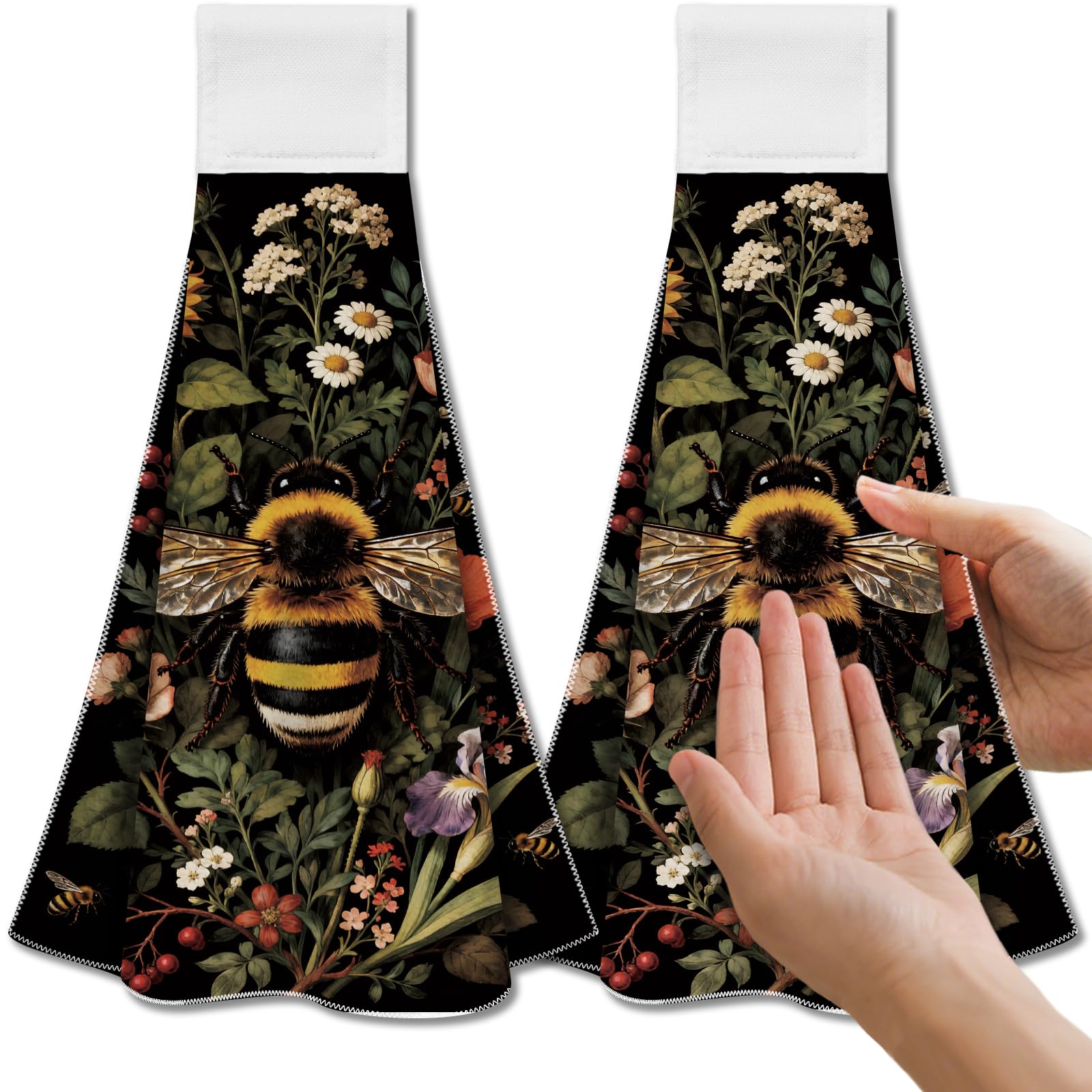 CUTHOLLOW 2 Pcs Bees and Flower Hanging Kitchen Towels with Loop