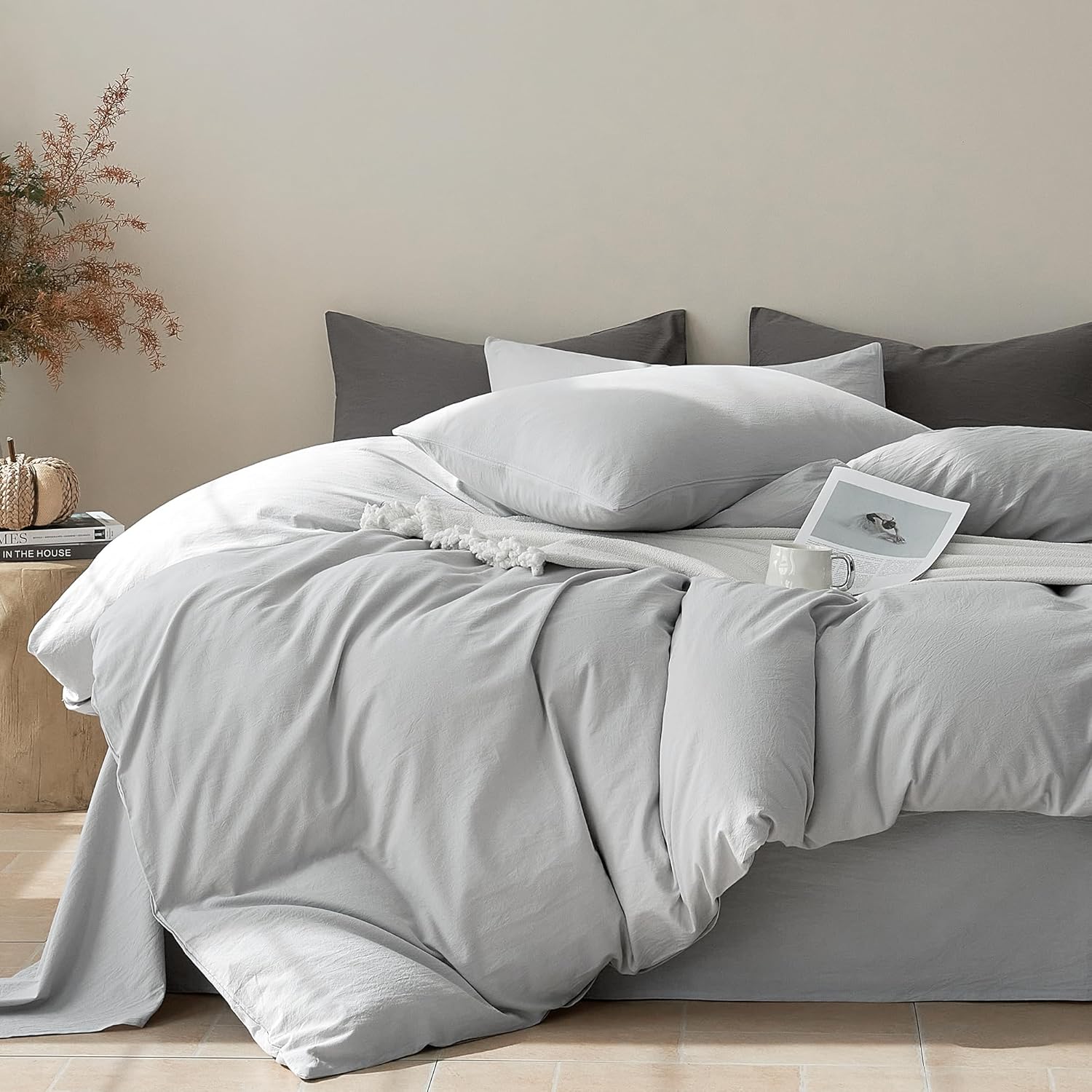JELLYMONI Duvet Cover Queen Size - Washed Cotton Comforter Cover with Linen-Like Texture,Breathable & Soft Bedding for Modern Home,Guest Room and Everyday Use,Pale Grey 1 Duvet Cover & 2 Pillowcases