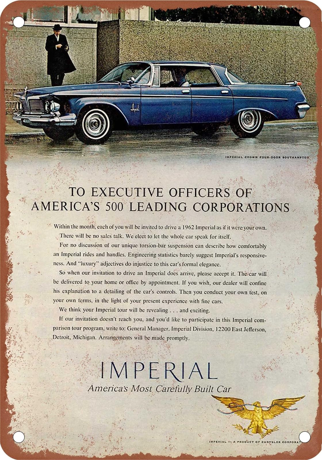 METAL SIGN - 1962 Imperial Vintage Ad 02 - Old Retro Rusty Look home decor
