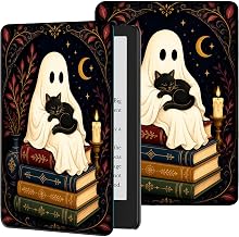 Case for 7" Kindle Paperwhite 12th Gen 2024 & Kindle Colorsoft 2024/2025 | Slim Lightweight PU Leather Adjustable Multiple Angles Stand Smart Shell Cover with Auto Wake/Sleep, Books Ghost Cat