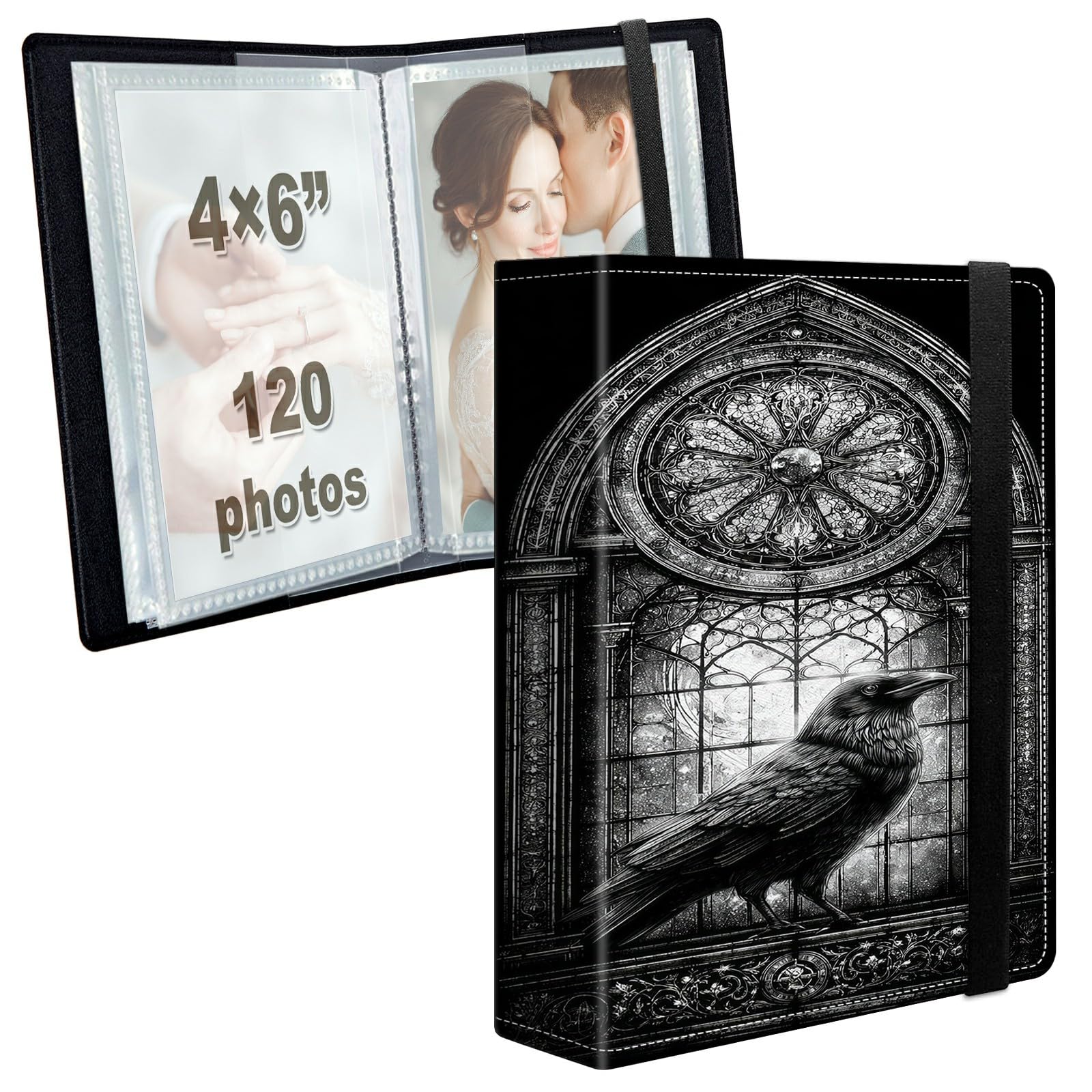 Photo Album 4x6 120 Photos with Strong Elastic Band, Gothic Raven