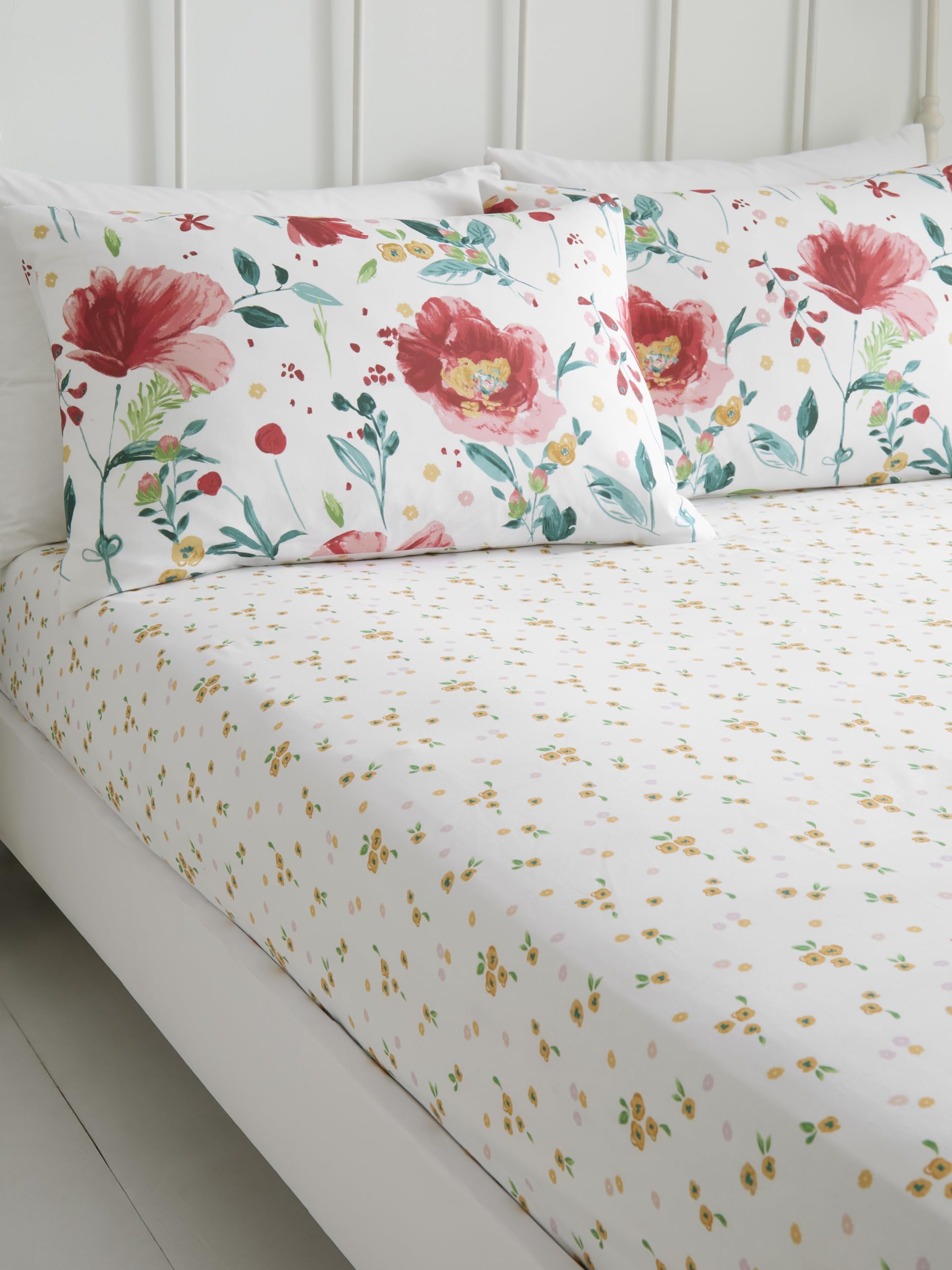 Abstract Poppy White Fitted Sheet Single 90 x 190cm – Easy‑Care Deep‑Fit Bed Sheet with Floral Poppy Design, Soft Breathable Fabric for Single Mattress