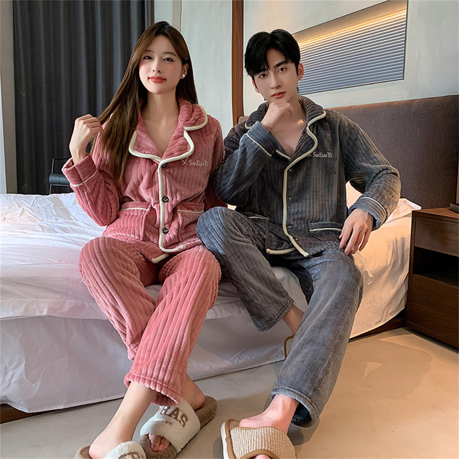Pijamas de los Hombres Traje de Dos Piezas de Franela Invierno Grueso y cálido Terciopelo Coral Uso casero Pijama Set Lovers Sleepwear 2PCS Ms Nightwear