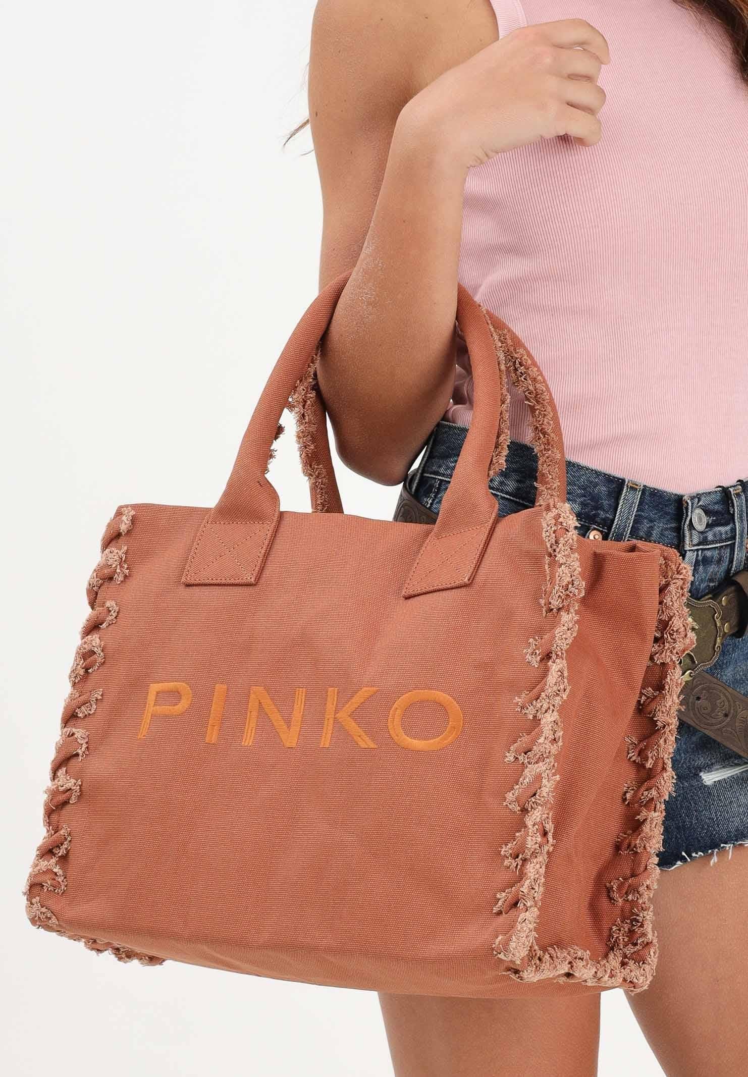 Pinko Bolsa Shopper Media Beach de lona con logotipo y detalles flecos Art. 106673A3A4