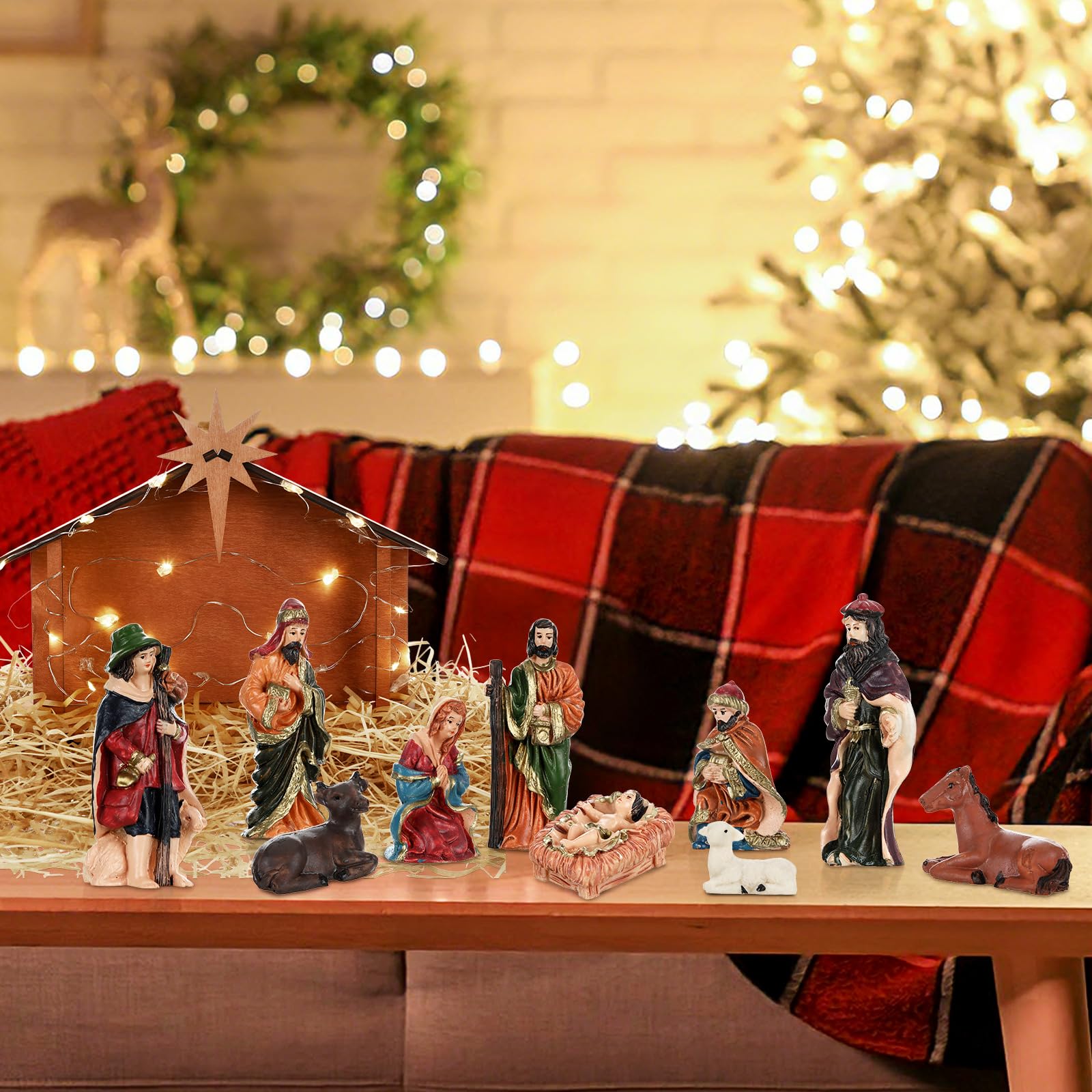 Geelin Set di 13 statuette di Gesù per presepe di Natale, con casa in legno di rafia, luce a LED, resina, artigianato di Gesù della Sacra Famiglia, Scena della mangiatoia, per casa, scrivania