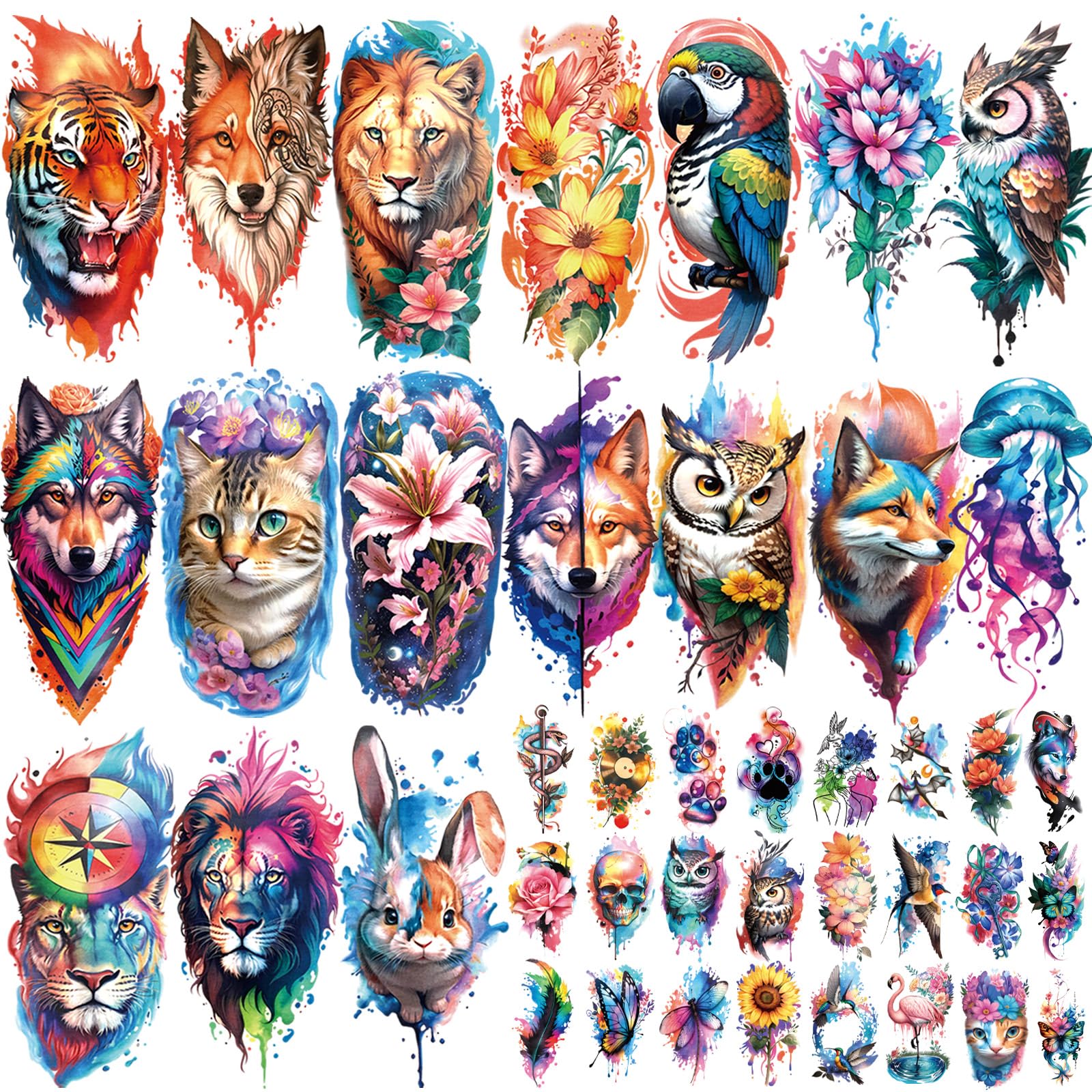 77 Sheets Temporary Tattoo, 17 Sheets Half Arm Flower Lion Tiger Cat Owl Parrot Waterproof Fake Tattoos for Adults Shoulder Neck, 60 Tiny Realistic Tattoo Stickers for Women Girls and Kids Purple