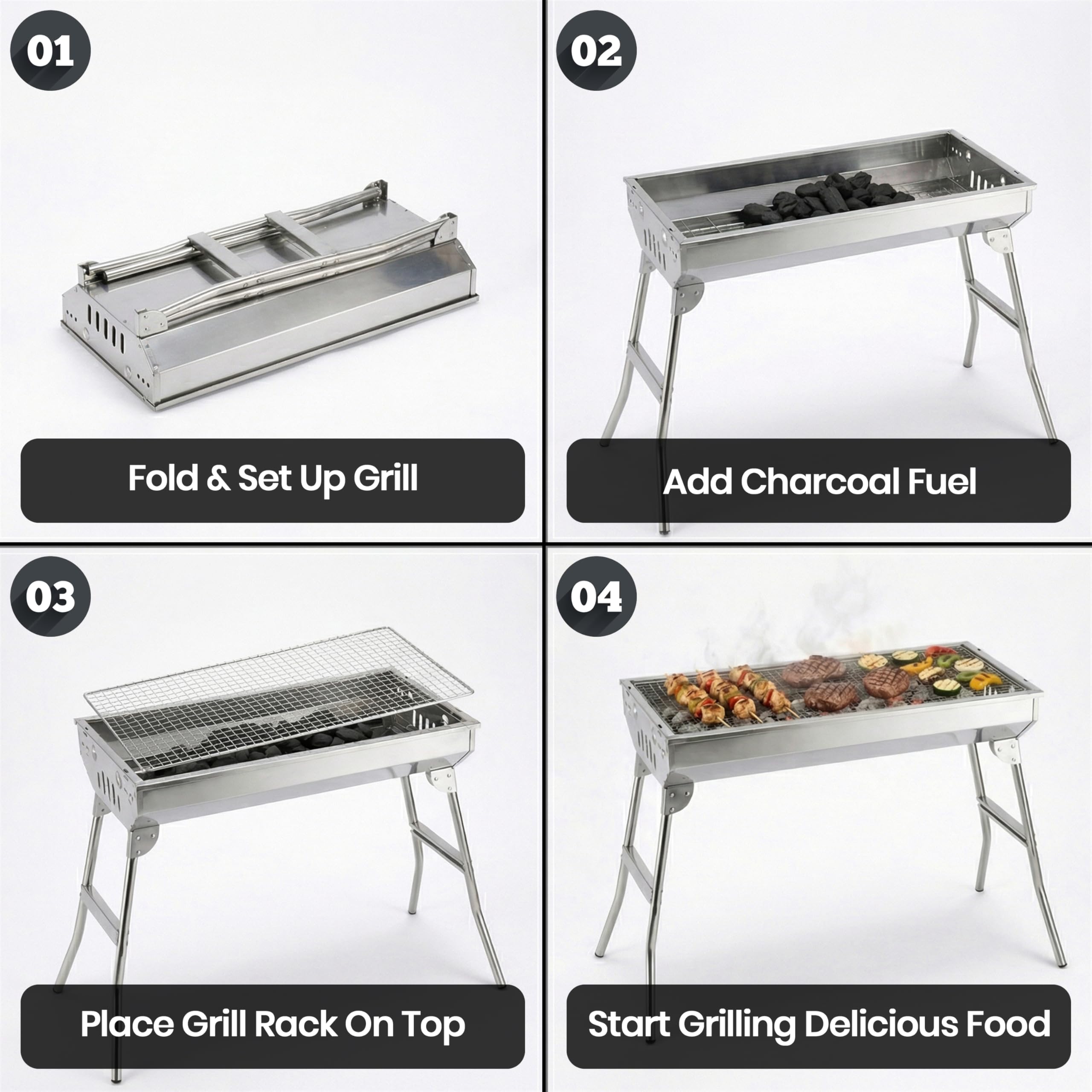 Stainless Steel Portable Charcoal BBQ Grill with Stand, Large Folding Barbecue Grill For Skewers, Burgers & Steaks, Heavy Duty Steel BBQ For Camping, Picnic, Backyard (33x70x73 cm) — view 6