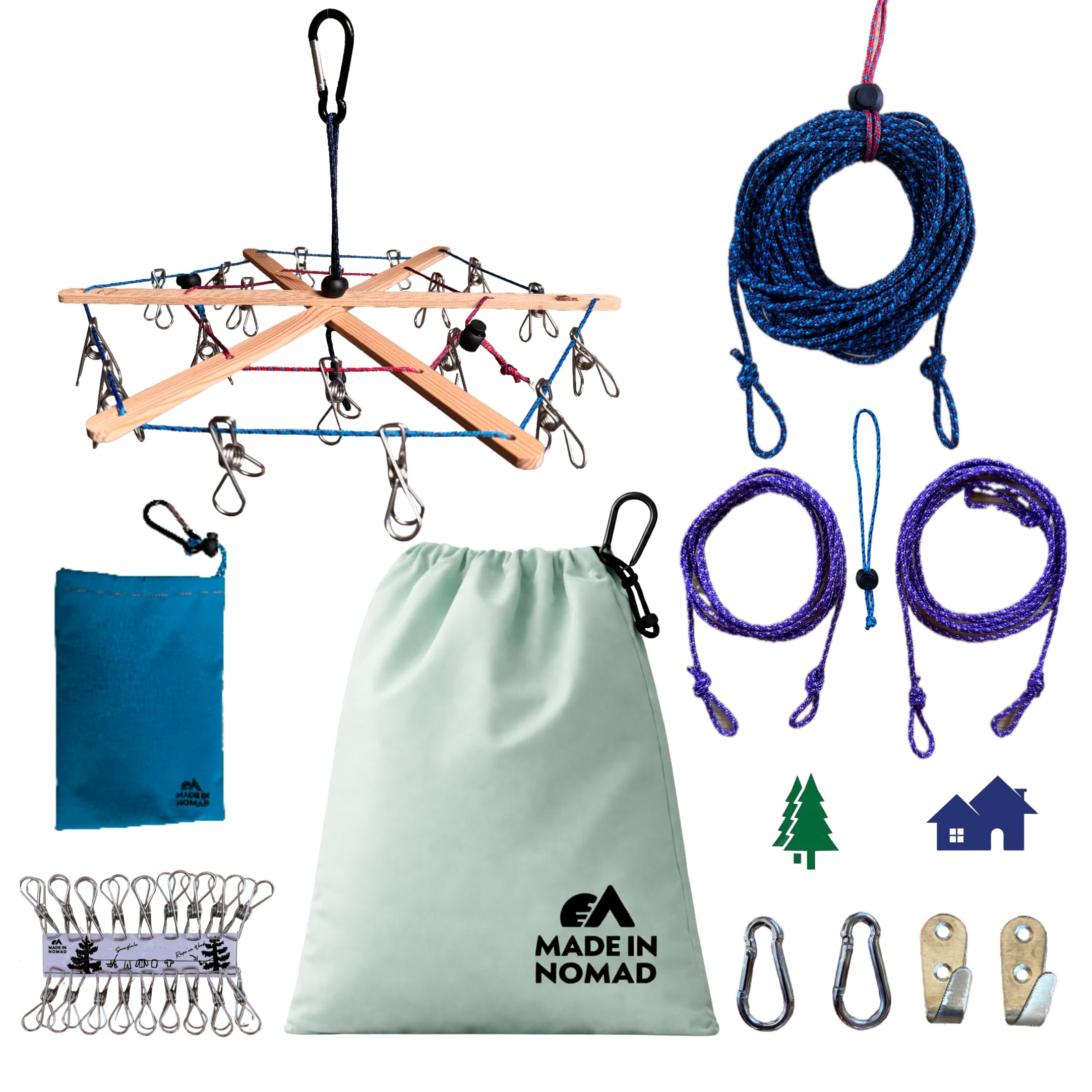 Etendoir a Linge Pliable + Corde a Linge Exterieur Intérieur 10M + Sac à Linge 50 x 40 cm, 20 Pinces à Linge INOX, 2 Attaches Arbre/Corde, 2 Crochets, 5 Mousquetons, Voyage Accessoires Made in France