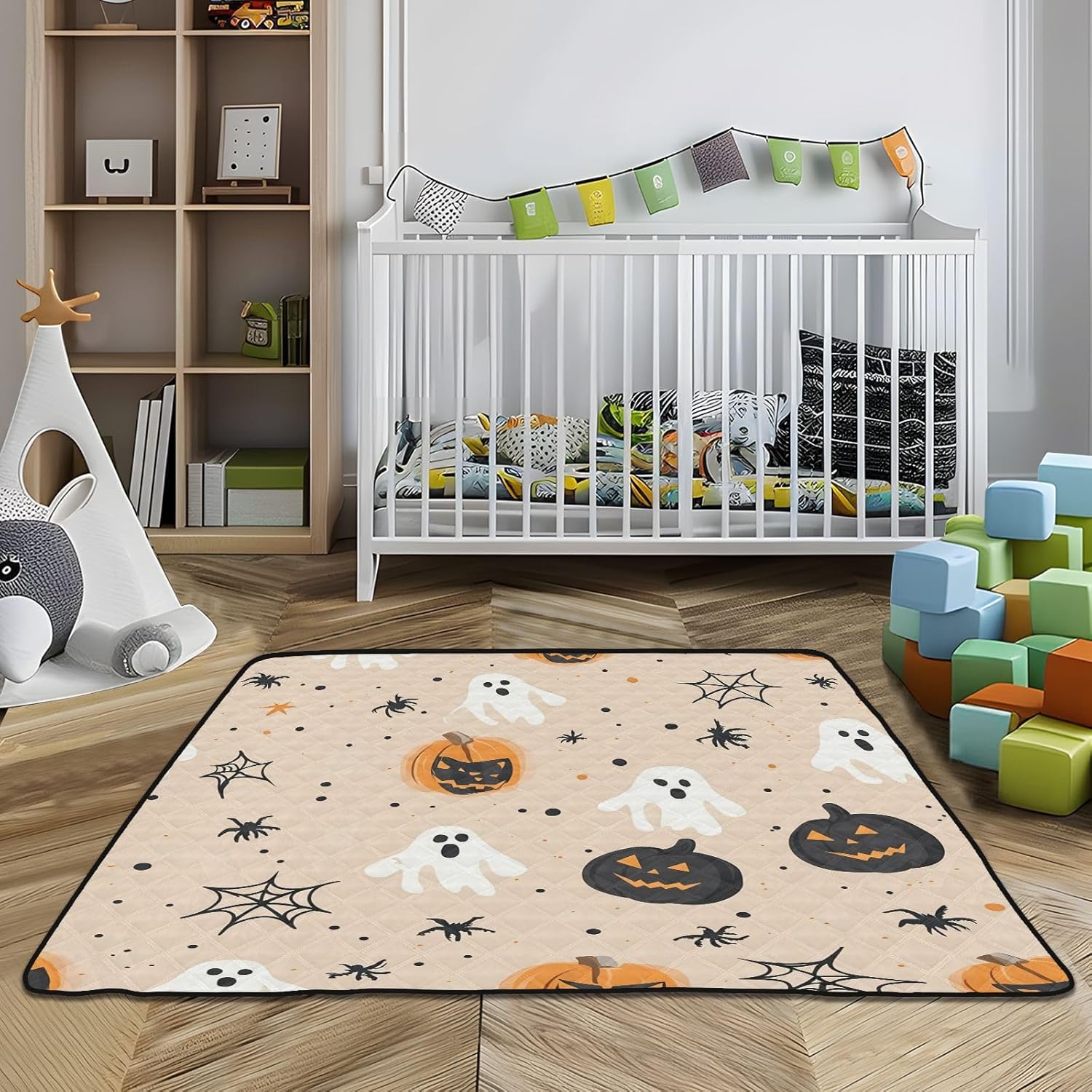 Halloween Pumpkins and Ghosts Baby Play Mat, 50“ X 50” Washable Folding Crawling Mat, Baby Floor Mat, Soft, Non-Slip
