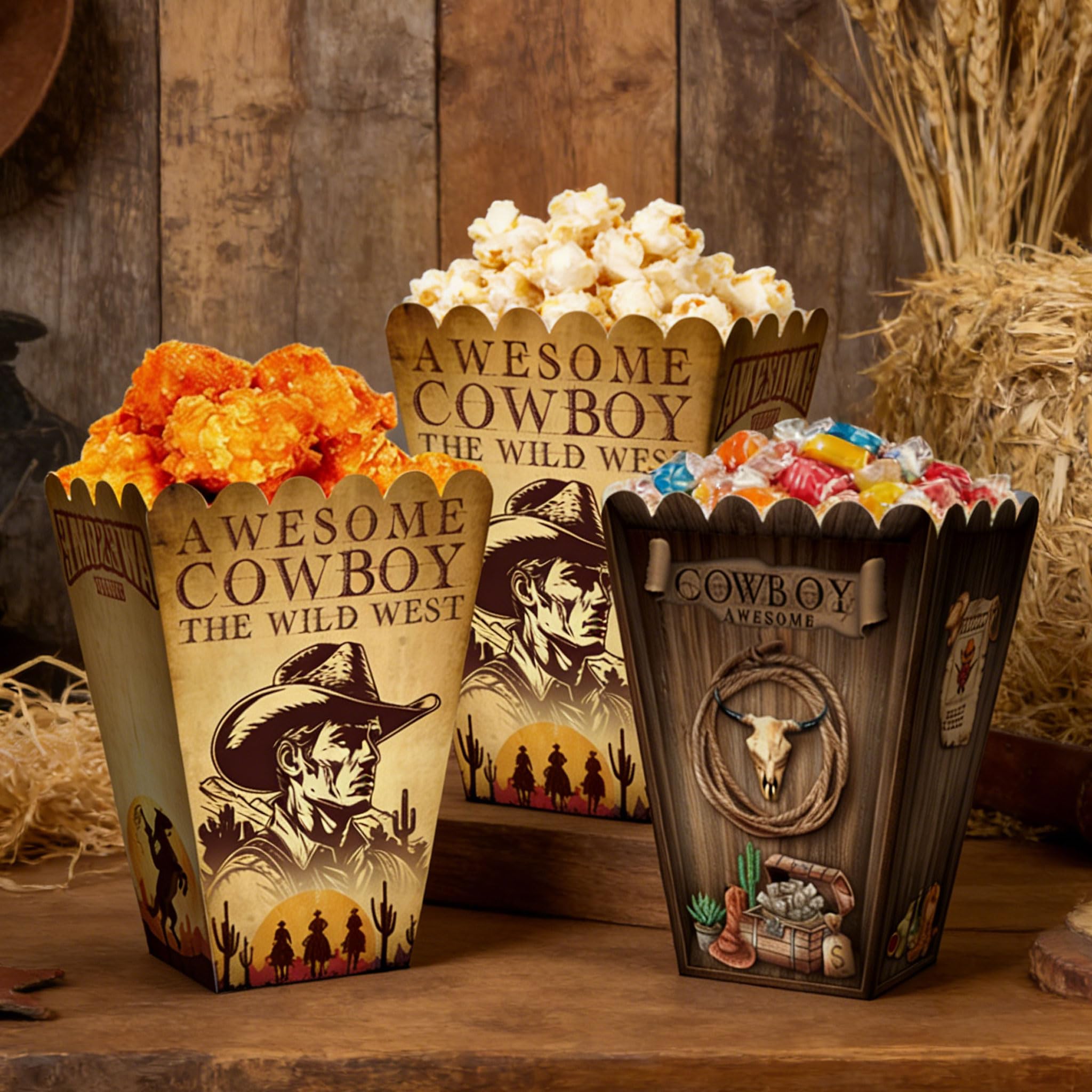 12PCS Cowboy Goodie Bags Western Theme Party Decorations Wild West Favors Box Rodeo Cowgirl Hat Popcorn Boxes for Cowboy Birthday Shower Party Supplies