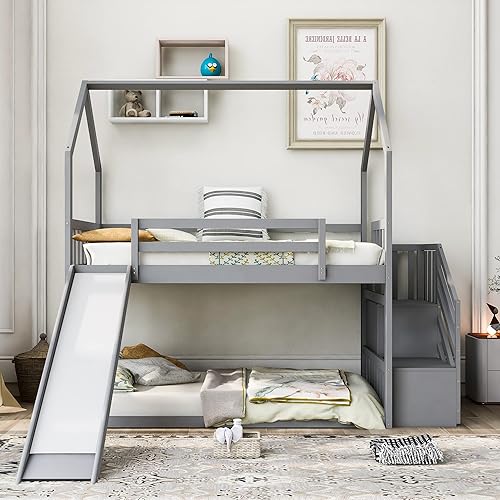 Miniatura 69 de SOFTSEA Litera individual sobre individual con tobogán, literas de casa para niños y niñas (blanco, litera de casa con tobogán) Blanco,Gris,Lavado