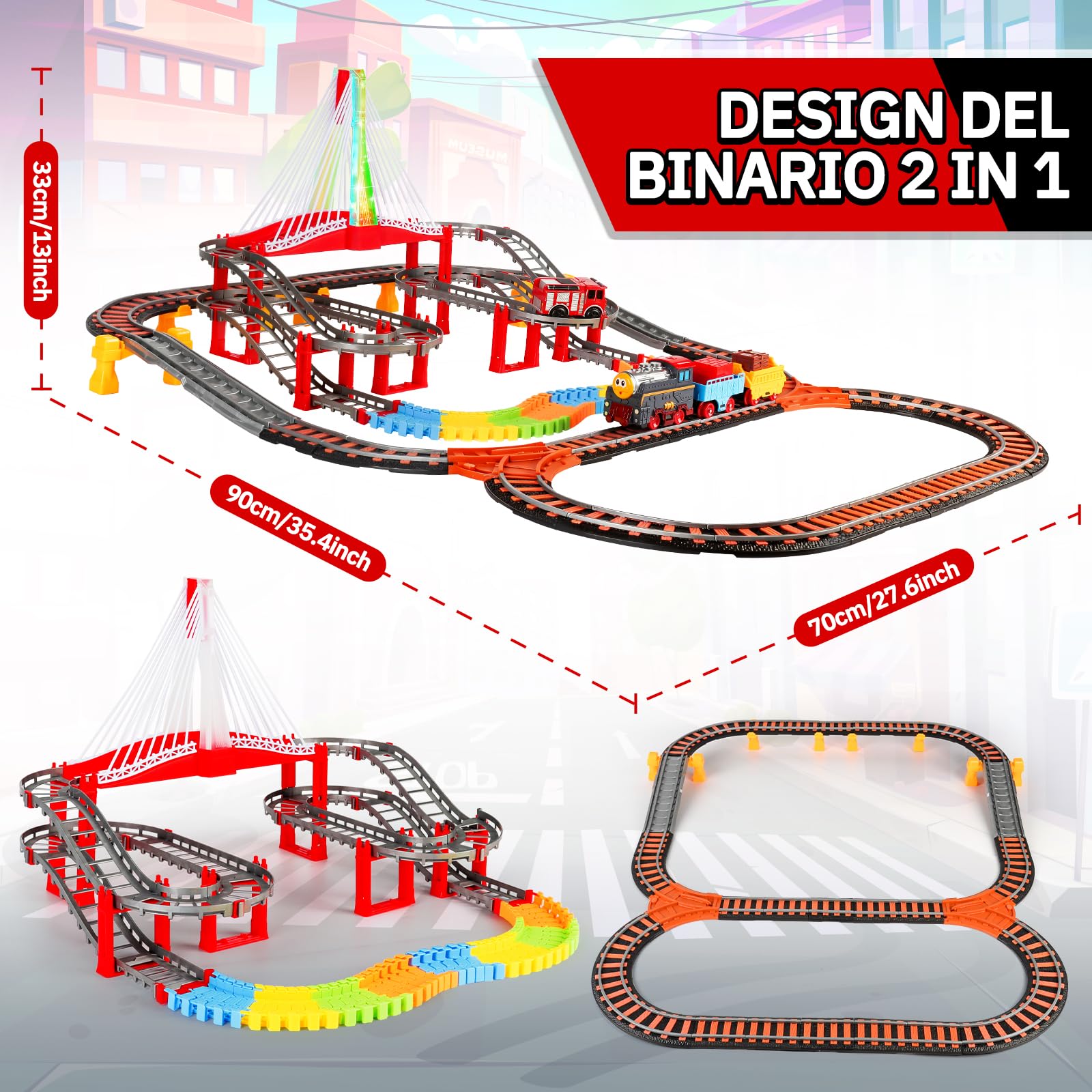JONRRYIN Trenino Elettrico per Bambini, 161Pezzi Giocattolo Pista Macchinine, Pista Treno e Auto Elettrico a Tema Pompieri con 4 Camion dei Pompieri, Giocattolo di Costruzione per Bambini 4 5 6 Anni