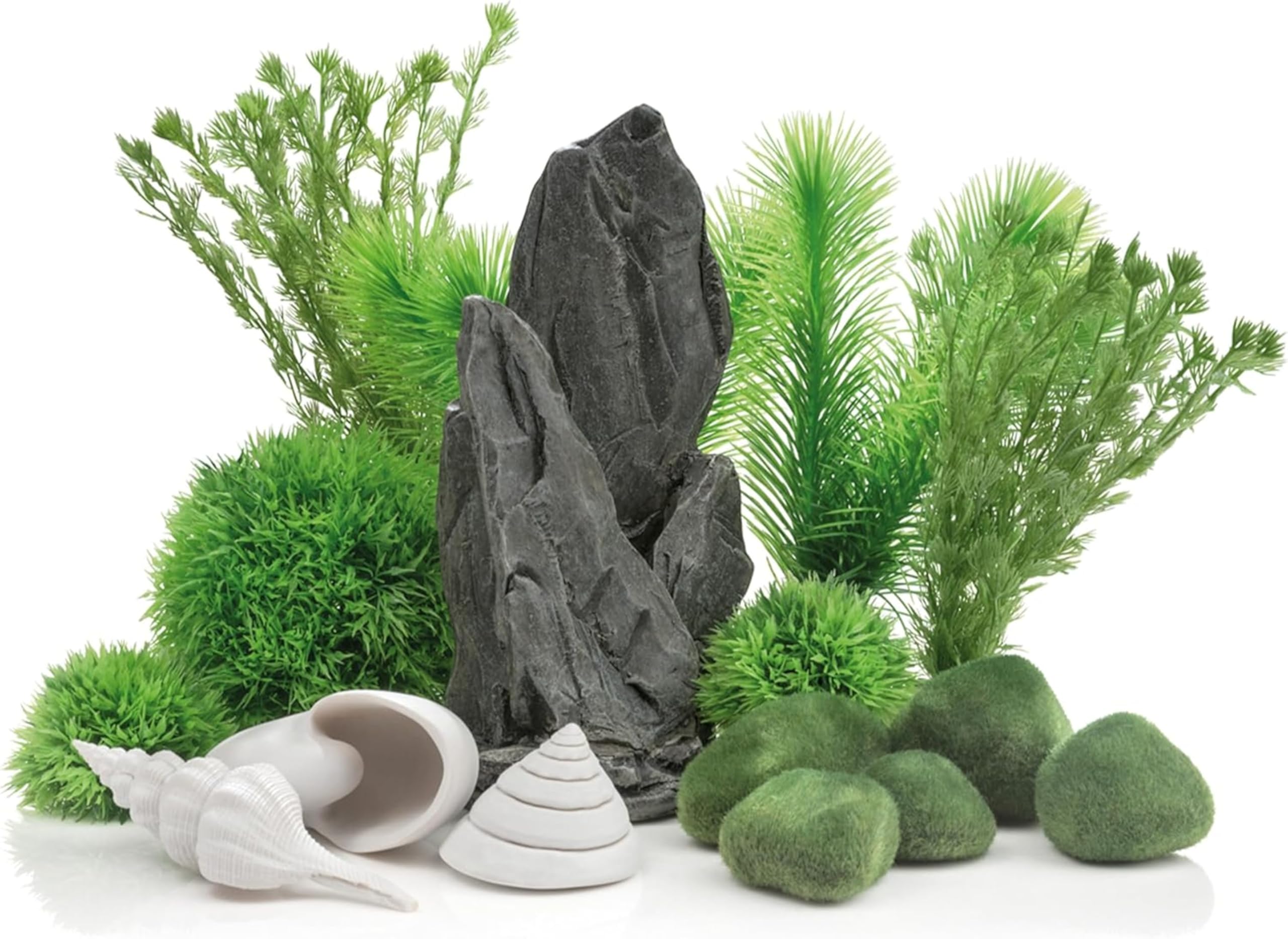Decor Set, Stone Garden Theme Grey Slate Sculpture, Plant & Sea Shell Ornaments for 30 L+ Aquariums, Easy-Insert Decoration Compatible with Fresh & Saltwater Tanks, Fish Tank Decorations, Green
