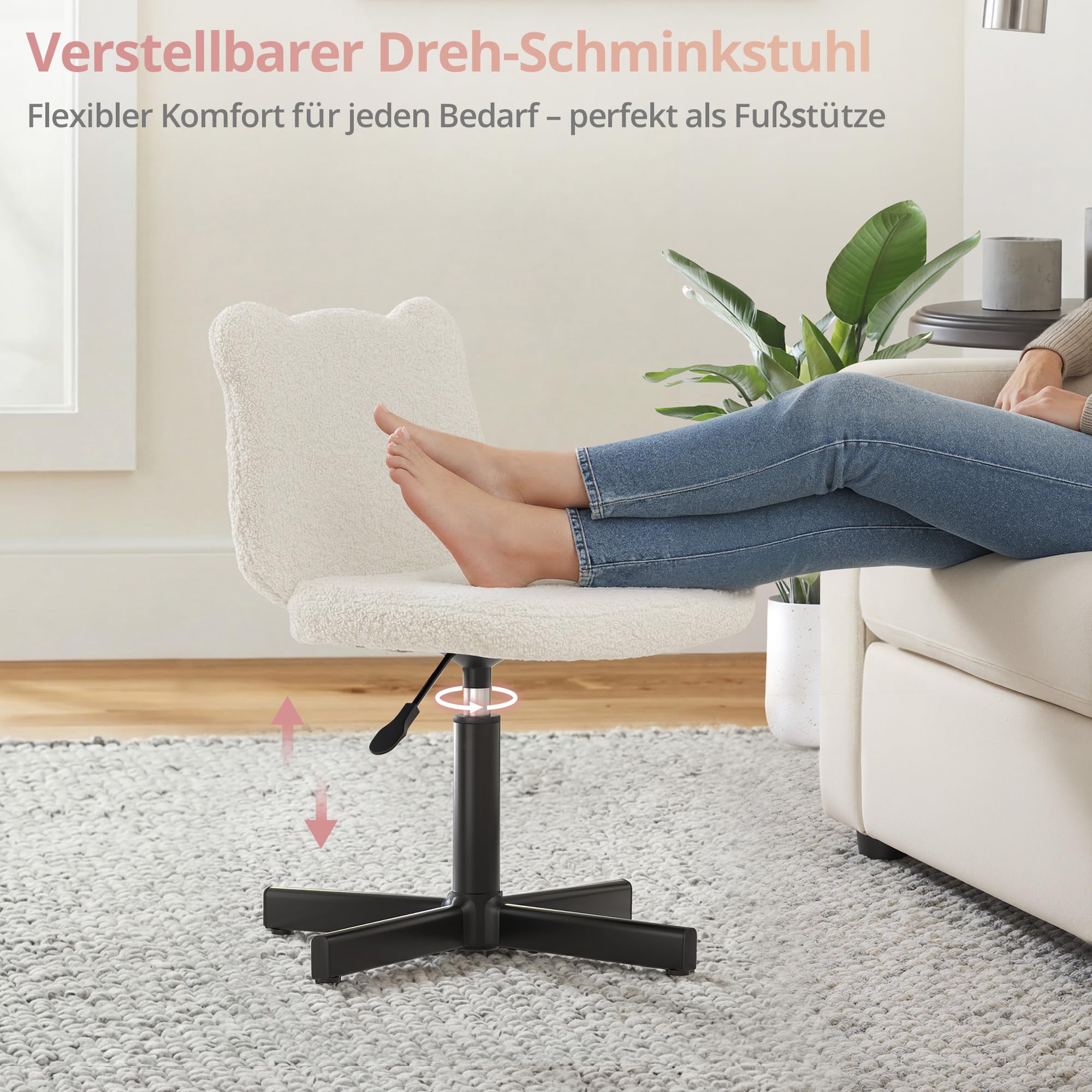 LUE BONA Schminktisch Stuhl mit Bärenohren Rückenlehne – 360° Teddy-Samt Drehsessel, Schminktisch Hocker für Schlafzimmer & Ankleidezimmer, Belastbar bis 136kg, Beige
