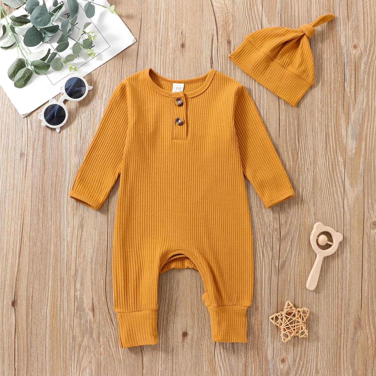 Infant Boys Girls Clothes Set Newborn Baby Romper Hat Ribbed Knit Long Sleeve Button Solid Bodysuit Jumpsuit - Image 2