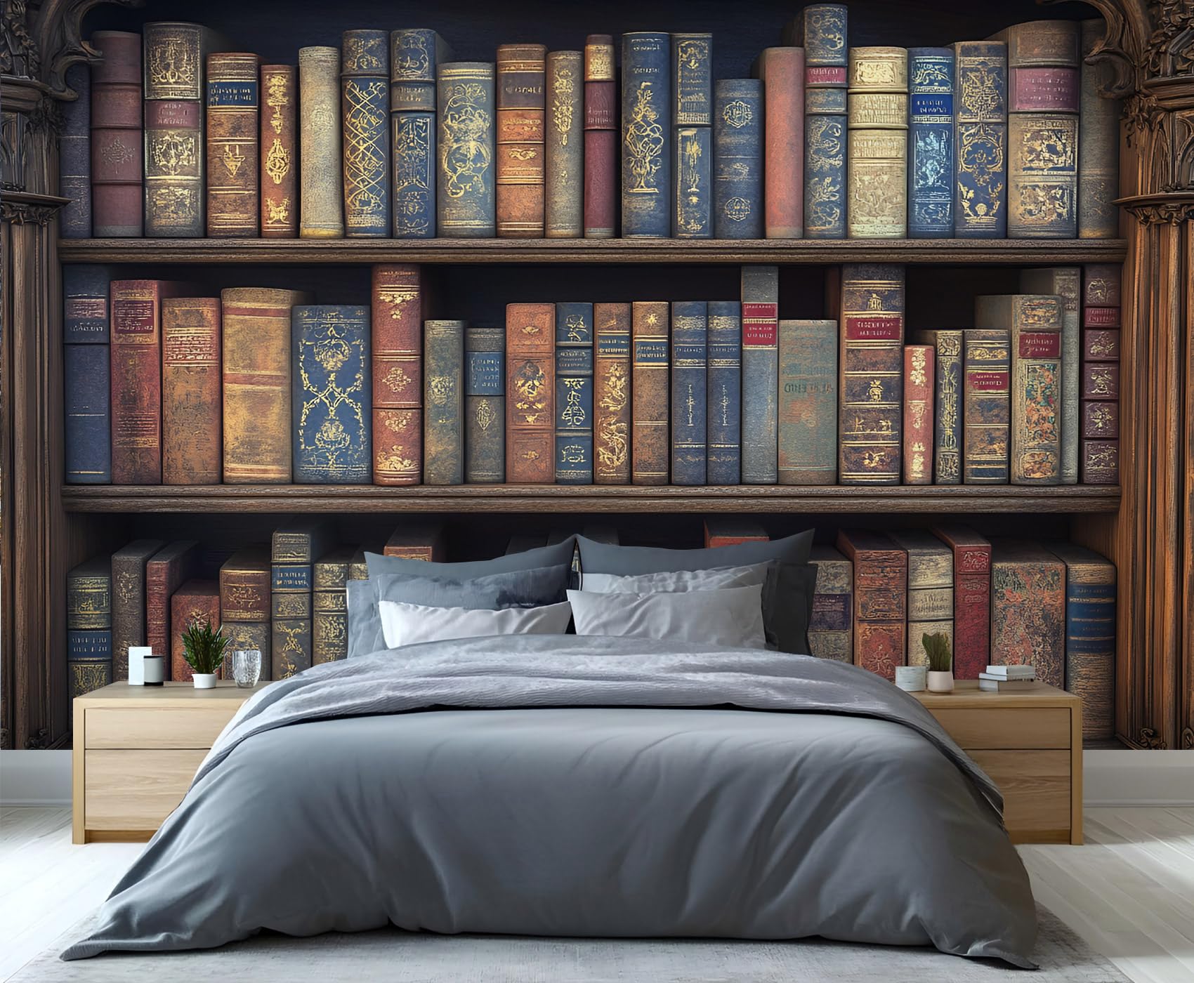 YXQAIED Bookshelf Bedroom Wallpaper, Retro Library 3D Wall Murals, Mid-Century Poster Photo Wallpapers for Living Dining Room Home Decor (Not Peel and Stick)