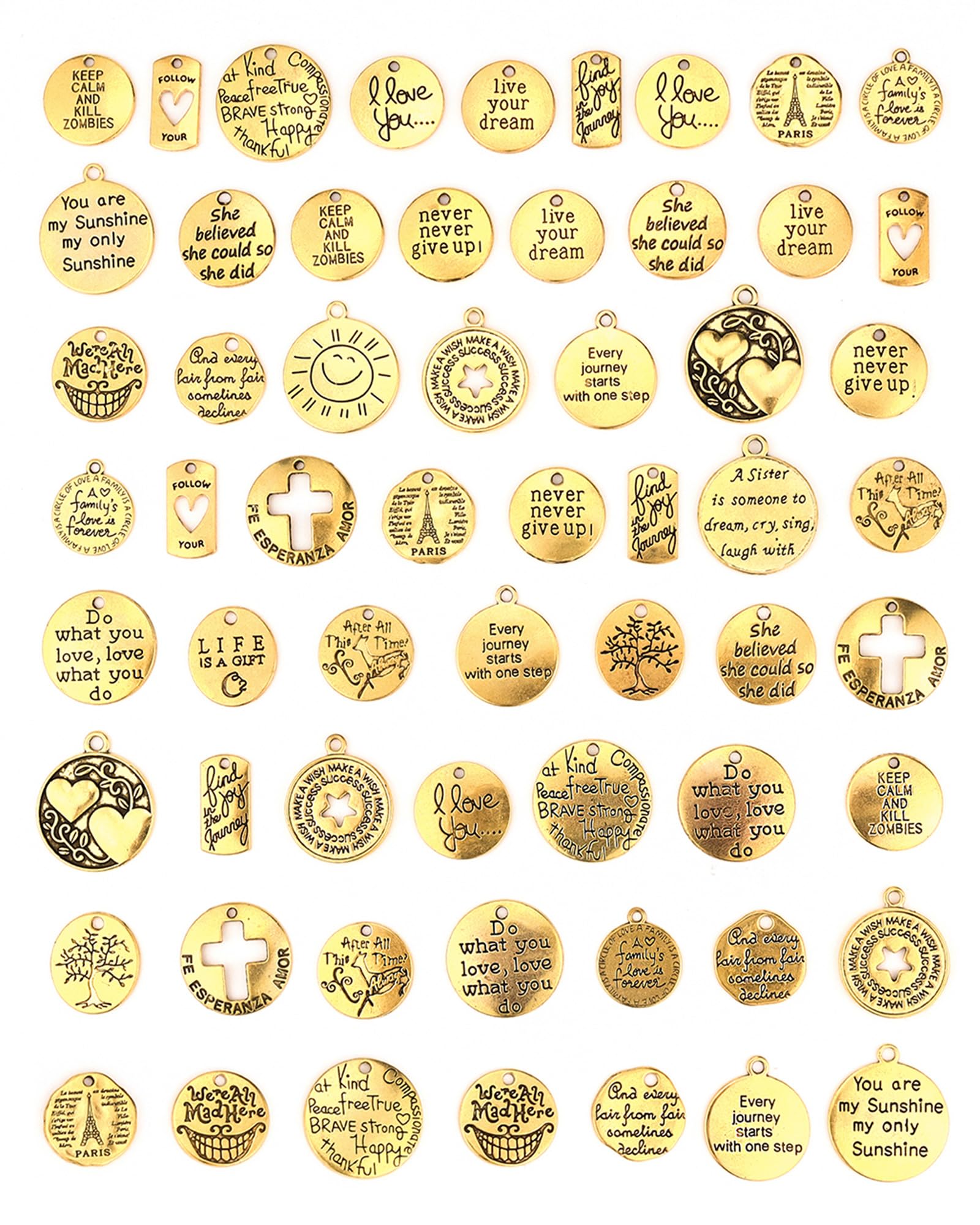 60 Pcs Antique Gold Inspiration Words Charms Engraved Motivational Charms Pendants for Jewelry Making Crafting Findings Accessory