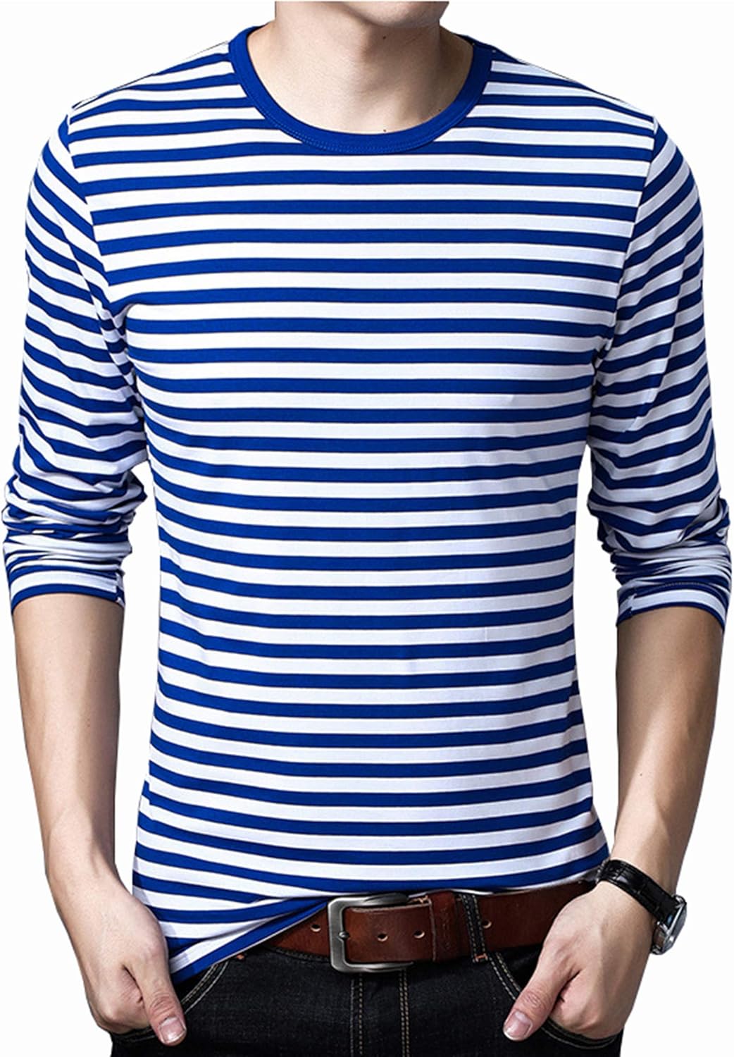 SHUIANGRAN Men's Striped T-Shirt Sport Cotton Shirts Classic Fit Casual Pullover Long/Short Sleeve Crew Neck Striped Shirts