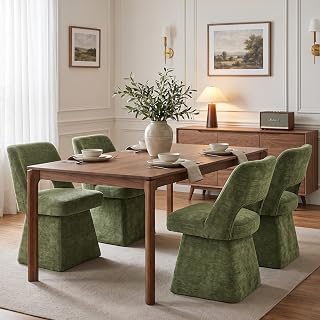 VKNOW Upholstered Swivel Dining Chairs Set of 4 with Curved Open Back | Modern Dining Room Chairs with Chenille Fabric, Space-saving, Easy Assembly, for Dining Room, Living Room, Bedroom, Green