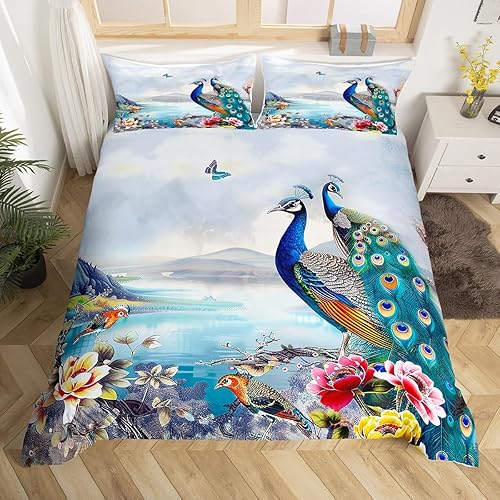 Miniatura 1 de Juego de funda de edredón de pavo real, tamaño Queen, juego de ropa de cama de plumas de acuarela para niños, adolescentes, adultos, niñas, niños,