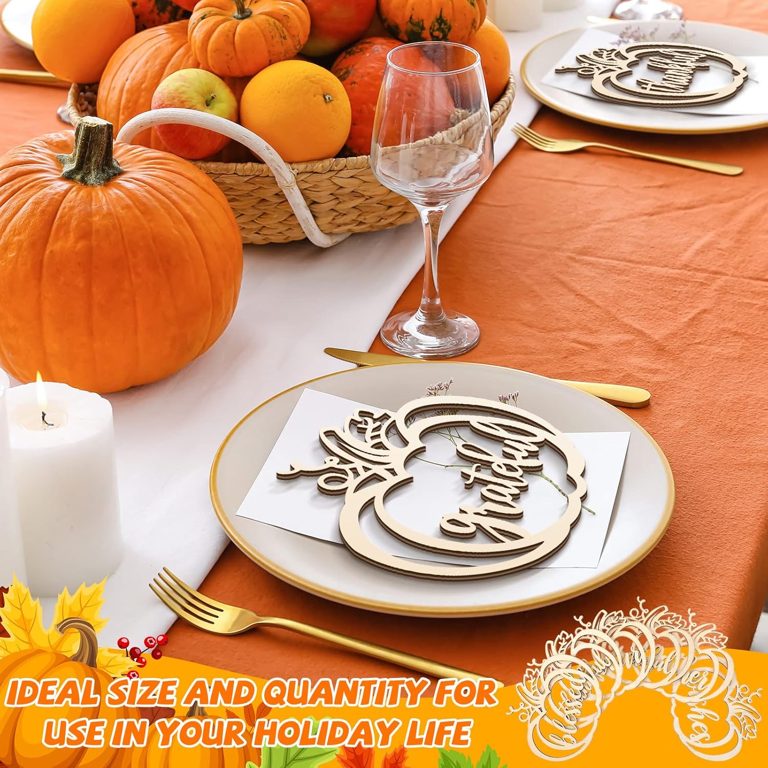 Qunclay 24 Pcs Thanksgiving Plate Decor Pumpkin Wood Cutouts Fall Thankful Blessed Thanksgiving Table Decor Fall Word Plate Sign Place Cards Settings for Autumn Rustic Letter Decorations