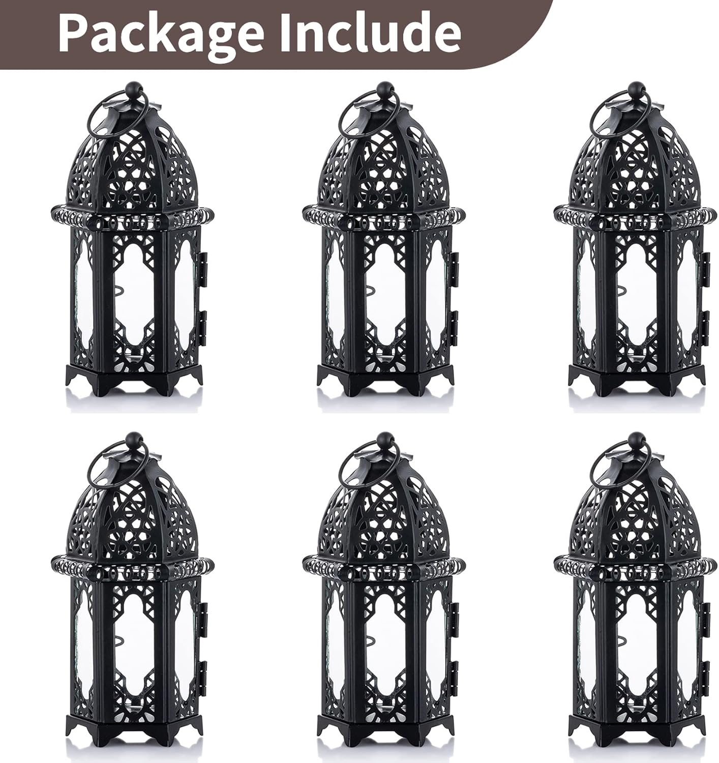 NUPTIO 6 Pcs Hanging Candle Holder Lantern Centerpiece Table/Hanging Glass Hexagon Moroccan Candle Lantern Holders, Black