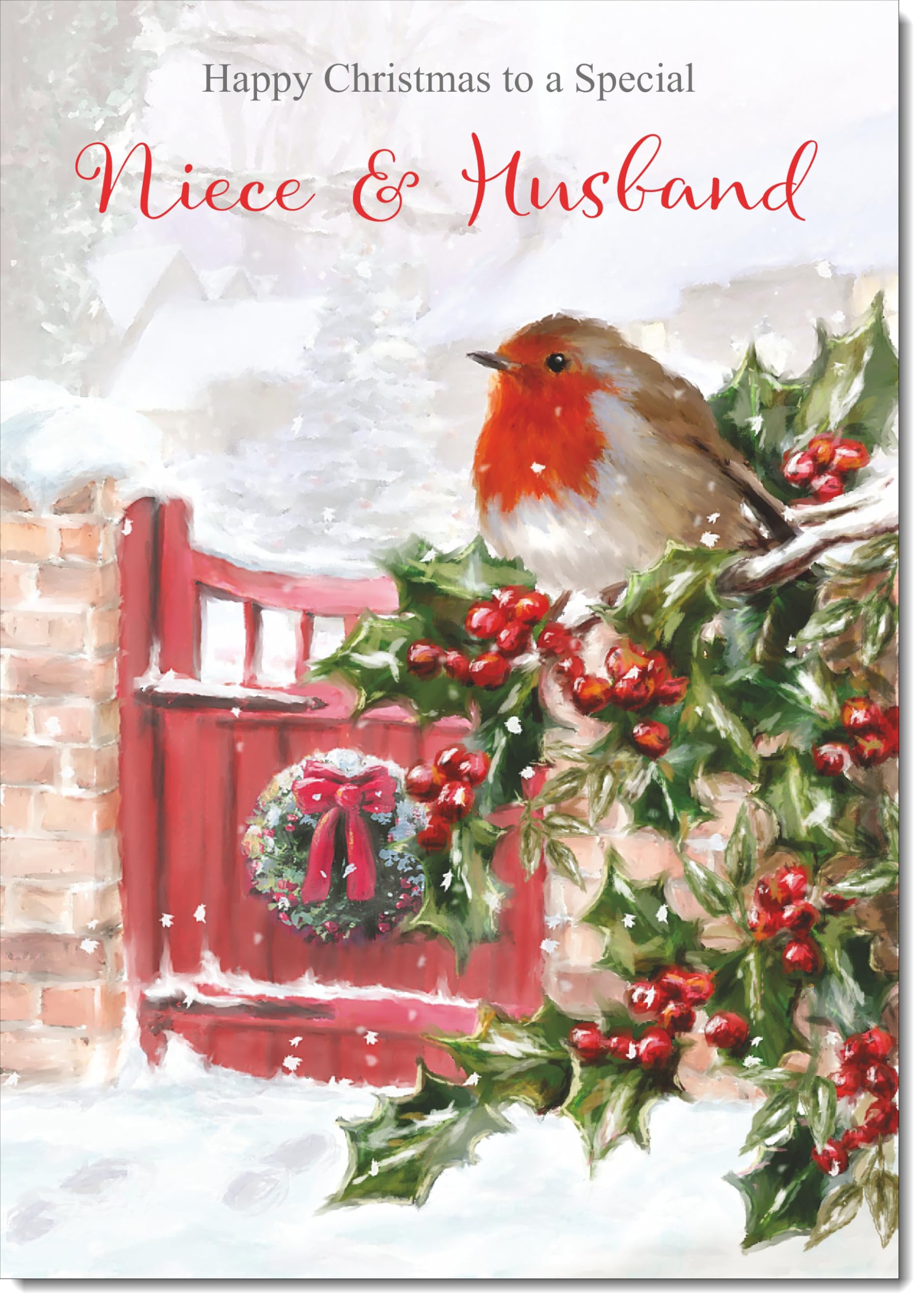 doodlecards Niece and Husband Christmas Card Robin on Holly Tree Large A4 Size Christmas Card for Niece & Husband with Plain Envelope — image 1