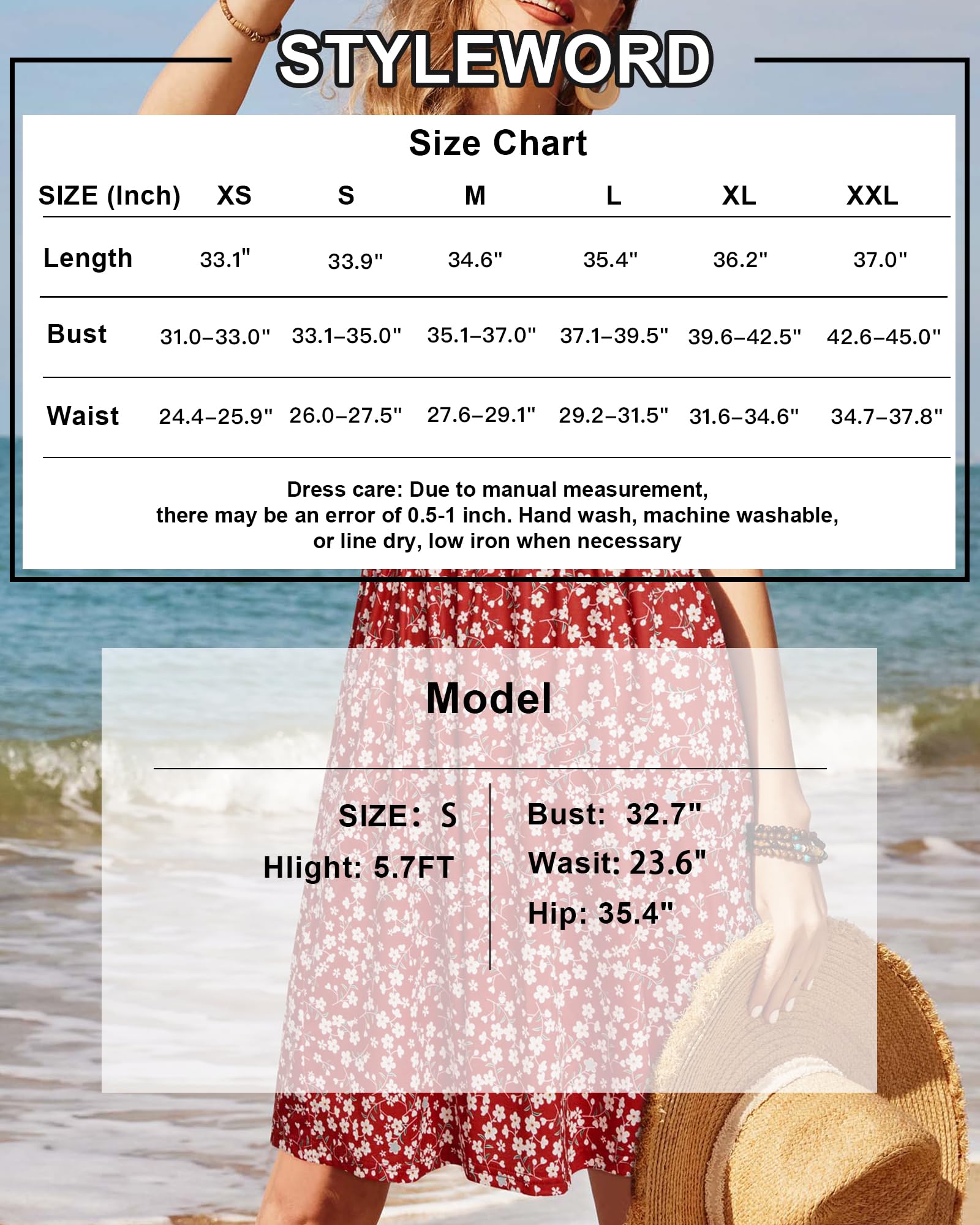 STYLEWORD Abito da Donna con Scollo a V Senza Maniche Abito Estivo Floreale con Spalline Regolabili Abito Longuette Scamiciato Abito da Spiaggia con Tasche