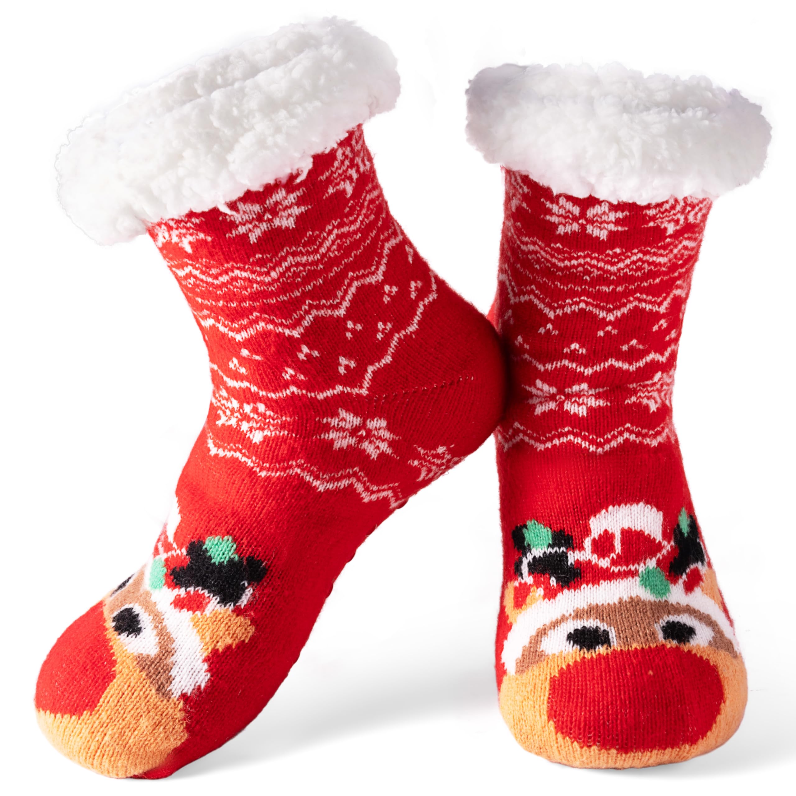 Giggling Getup Women's Red Fuzzy Christmas Slipper Socks For Elk Crew Socks For Home, Gifts For For Xmas