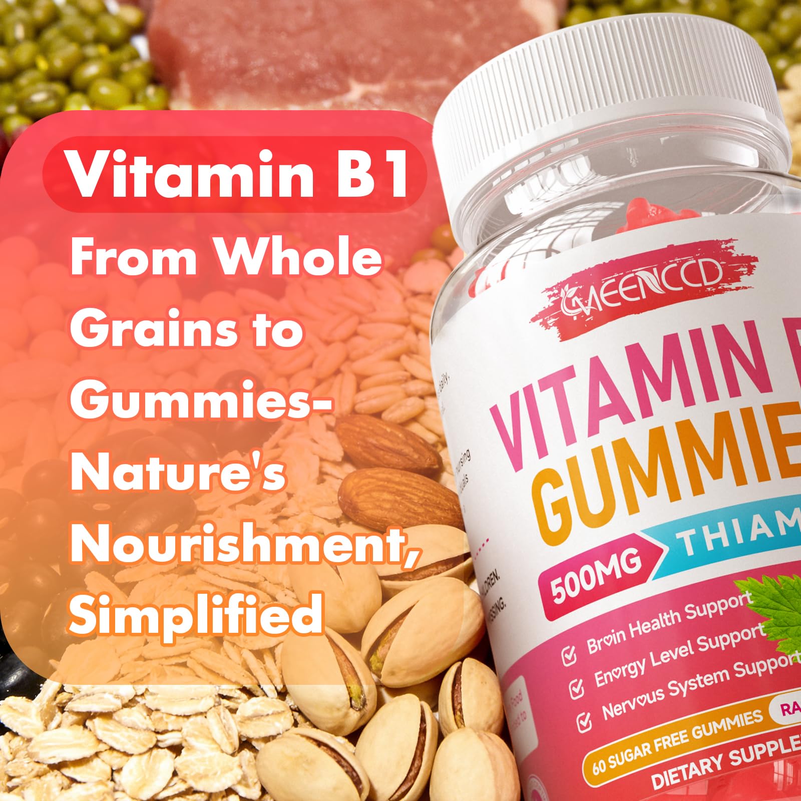 Vitamin B1 Gummies 500mg, Thiamine B1 Supplement Supports Energy Production, B1 Vitamin for Adults & Kids, Sugar-Free, Vegan, Raspberry Flavor, 60 Count — Amazon image 5
