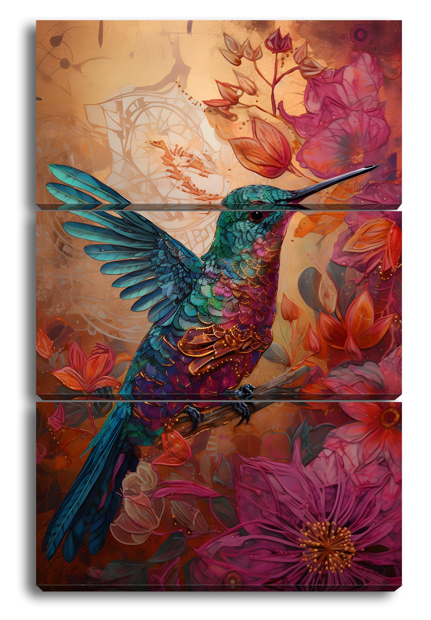 deyoli Colibri aux couleurs irisées, encadré par la magie des fleurs, format : 120 x 80 cm (3 pièces) Impression d'art XXL sur cadre en bois / toile / décoration murale / décoration de salon