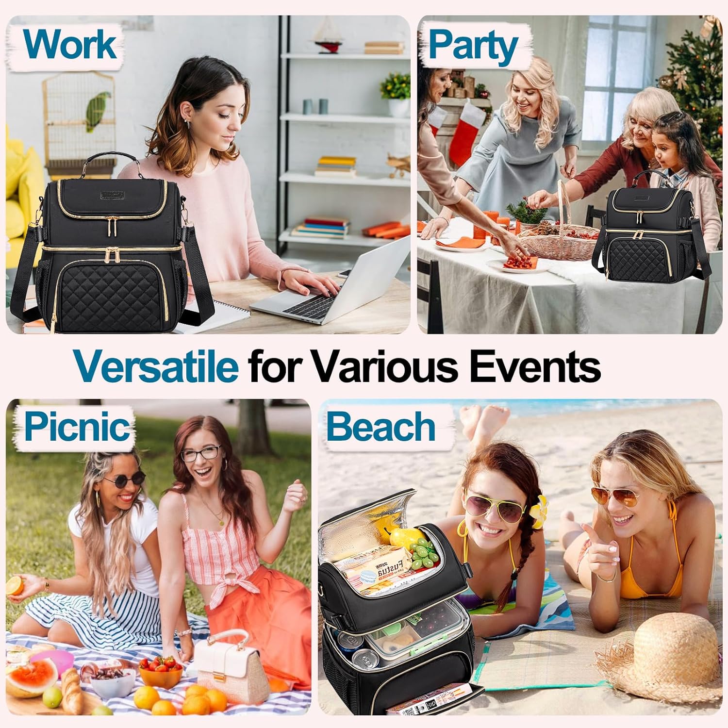 Lunch Bags for Women, Dual Compartment Lunch Box Lunch Bag for Work, Leakproof Lunch Cooler Large Insulated Lunchbox for Adult for Women Men, Lunchbag for Picnic Beach (Black) - Image 7