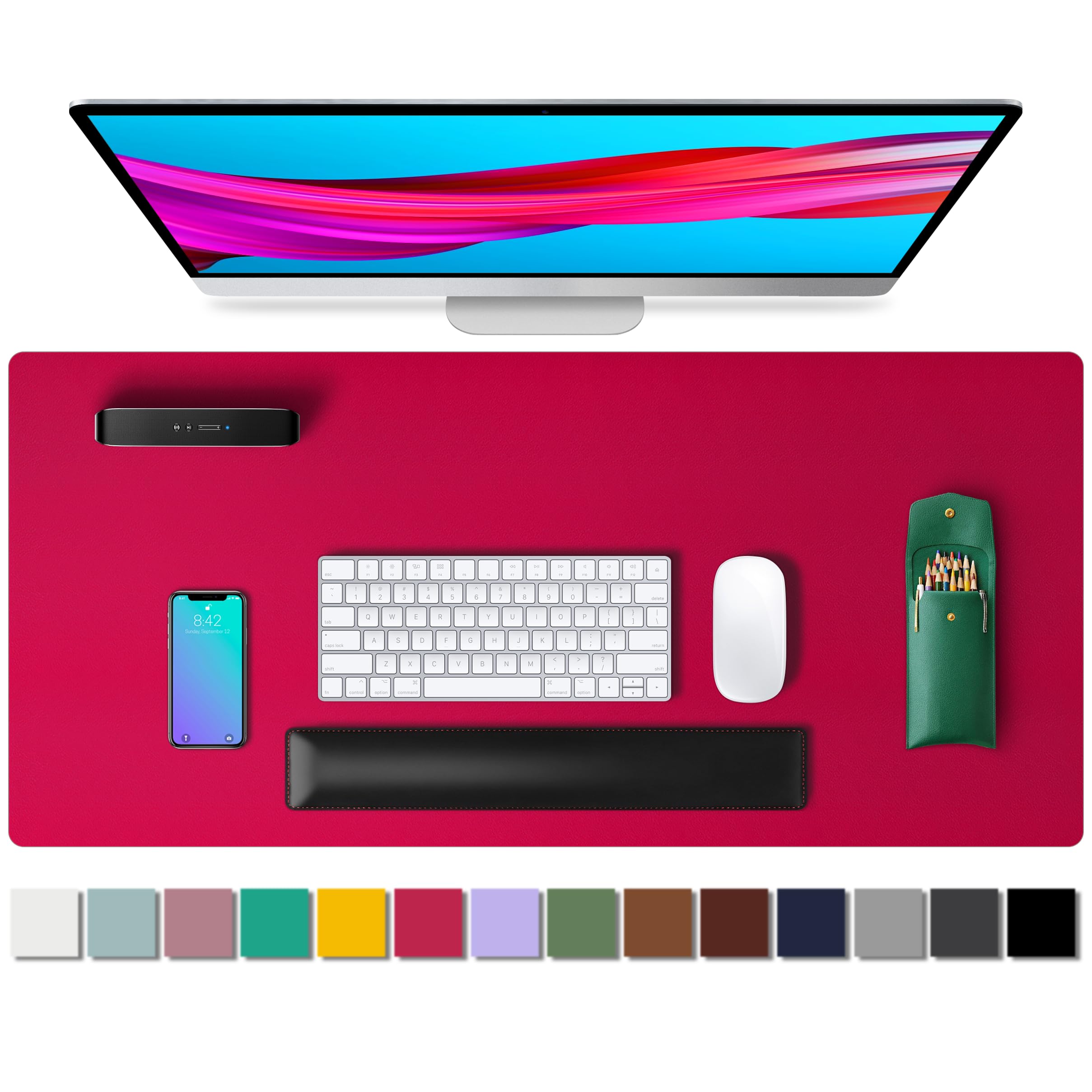 Aothia Leather Desk Pad Protector,Mouse Pad,Office Desk Mat, Non-Slip PU Leather Desk Blotter,Laptop Desk Pad,Waterproof Desk Writing Pad for Office and Home (23.6" x 13.7", Rose RED)