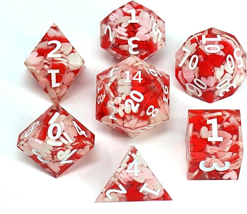 Miniatura 3 de Mimic Dice - Edición de corazones de San Valentín juego poliédrico de resina afilada de 7 piezas para juegos de rol - Diseño rojo, rosa y blanco -