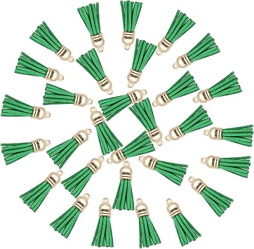 David accessories Keychain Tassels Pendants,Leather Tassels for Jewelry Making Tassel Pendant for Keychain Accessories Craft and Earrings Bracelets Making 30pcs 1.4Inch Malachite Green, Gold Caps