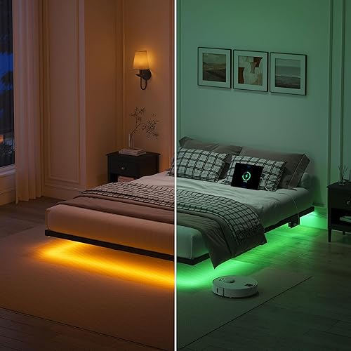 Miniatura 5 de Marco de cama flotante tamaño completo, marco de cama resistente con luces LED inteligentes y estación de carga, cama moderna de plataforma de