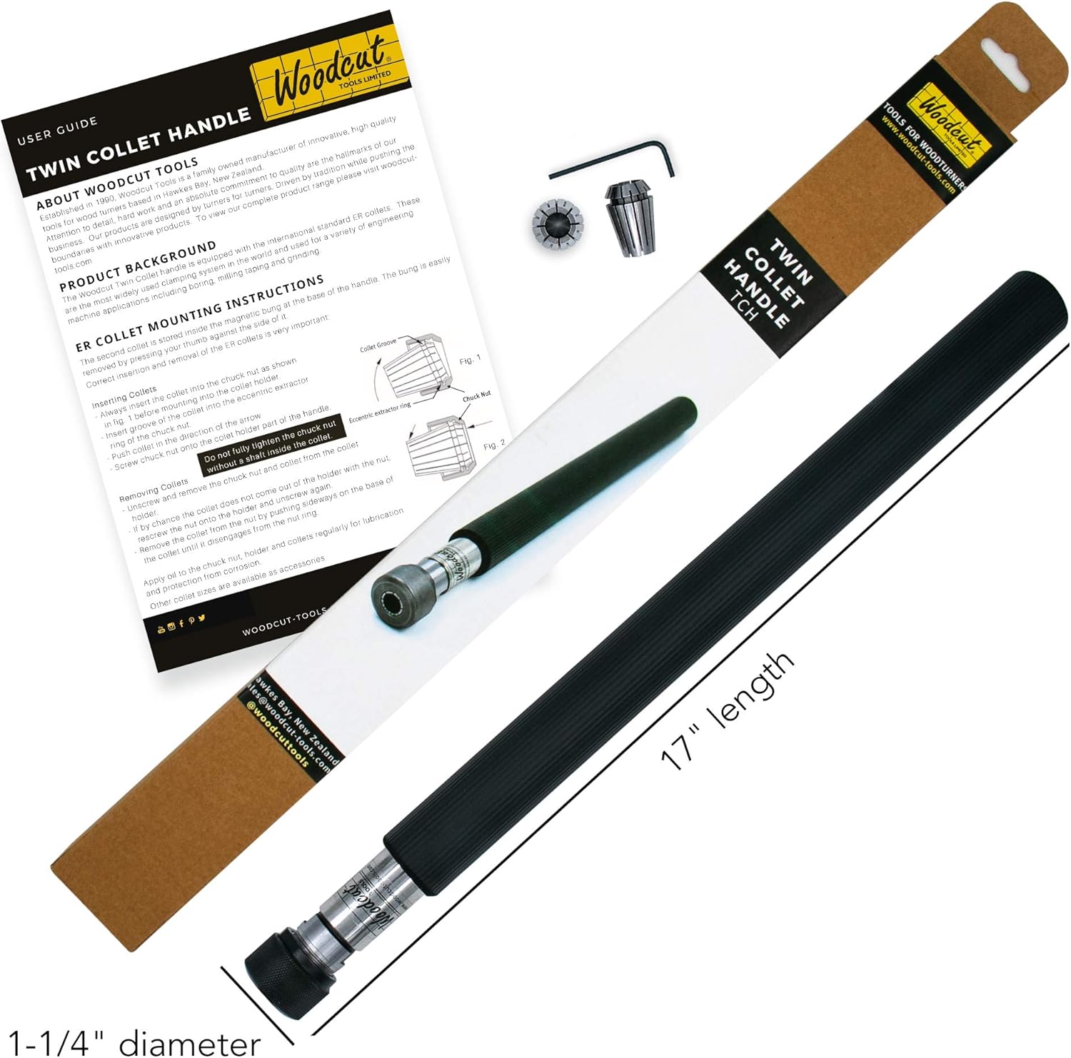 Black Friday - 80% OFF Woodcut Tools Twin Collet Stainless Steel Handle with cushioned grip for Woodturning Gouges, Pro Forme Flexi Hollowing Tools Quick Change for 3/8 and 1/2 Shafts including Two Collets. TCH