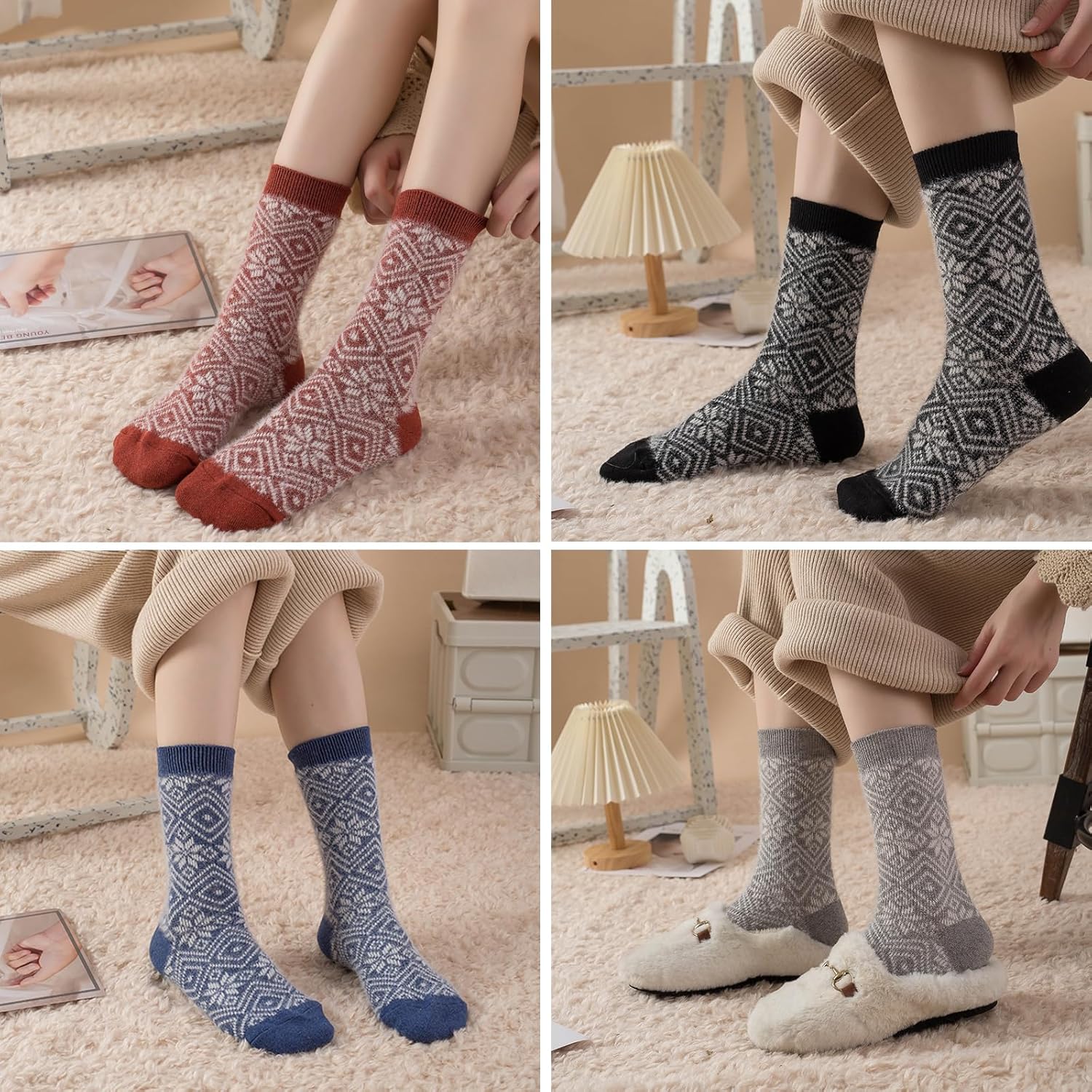 ICEIVY Womens Socks 5 Pairs Wool Warm Cotton Thick Vintage Casual Winter Cabin Crew Fuzzy Socks Gifts For Women - Image 5