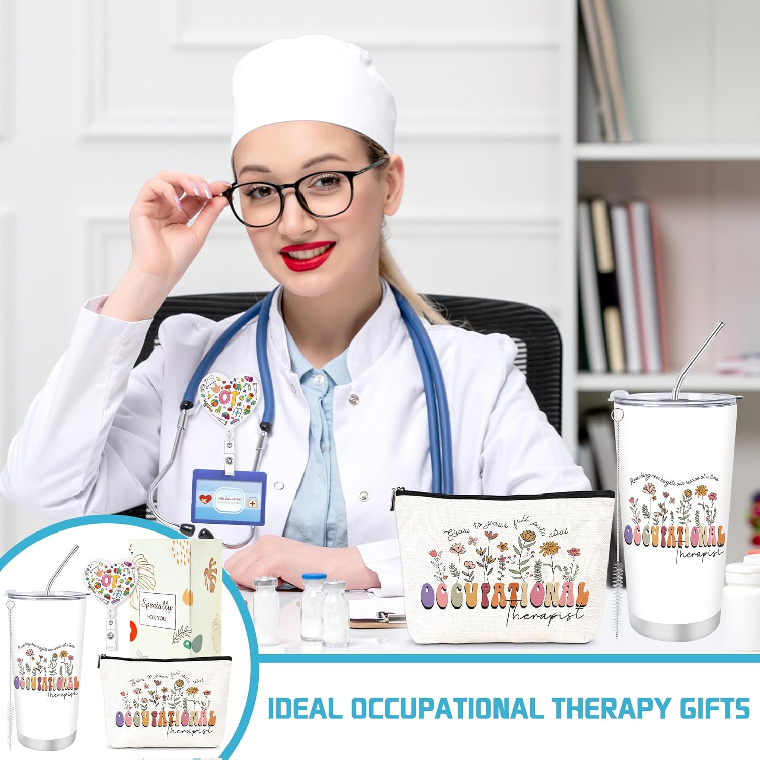 Keluna Occupational Therapy Gifts for Women - 3Pcs Occupational Therapist Gift Set, 20oz Tumbler with Straw, OT Badge Reel Makeup Bag, Speech Therapist Thank You Appreciation Birthday Christimas Gift - Image 7