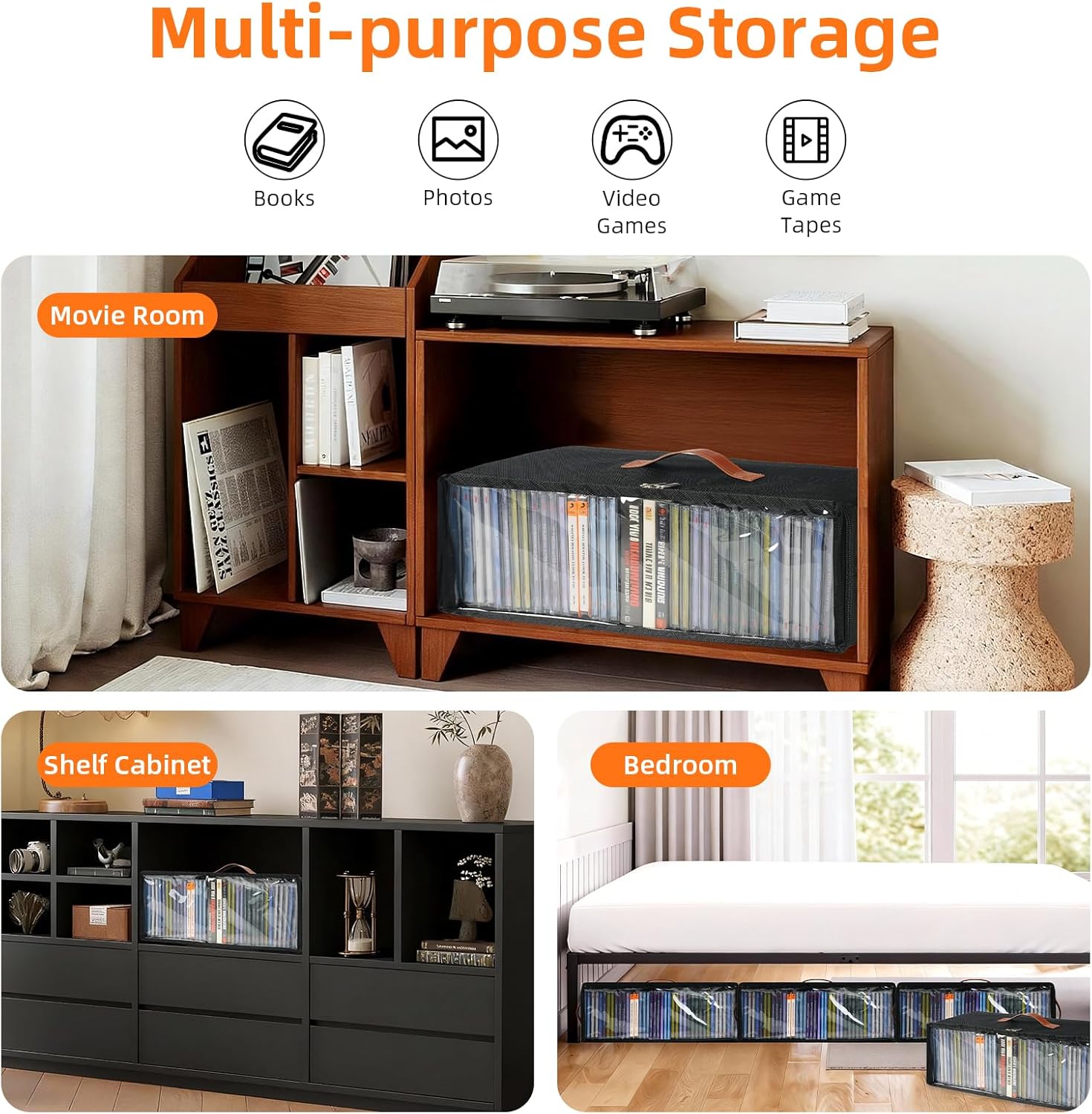 4 Pack CD Storage Box, Stackable CD Case Holder with Front Zippered Clear Window and Handles, 15.7 x 6.1 x 5.3 Inches Oxford Fabric CD Tower Rack, Holds Up to 148 CDs (Black, 4 Pack)