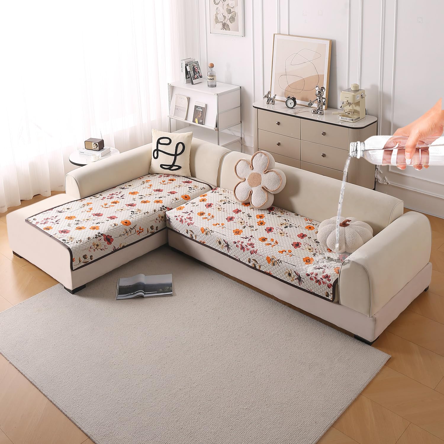 Beige Peony Sofa Cover - L Shape 5 Seater -25