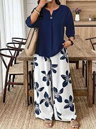 Set da 2 pezzi con top a maniche lunghe e pantaloni a gamba larga con motivo floreale, camicetta tinta unita, pantaloni con stampa a foglie, per brunch casual e da indossare tutti i giorni