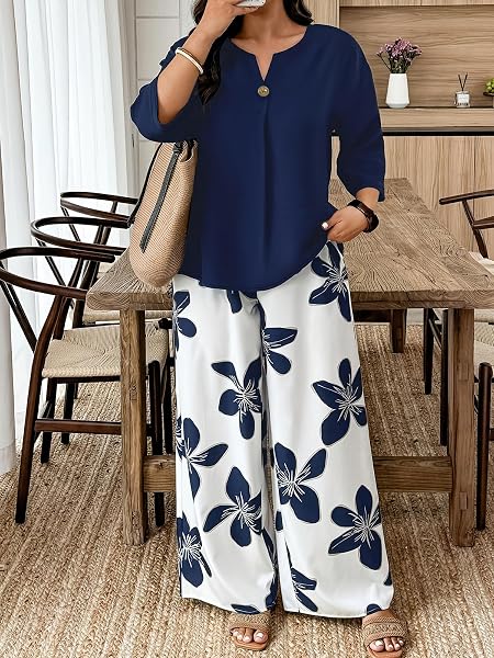 Set da 2 pezzi con top a maniche lunghe e pantaloni a gamba larga con motivo floreale, camicetta tinta unita, pantaloni con stampa a foglie, per brunch casual e da indossare tutti i giorni