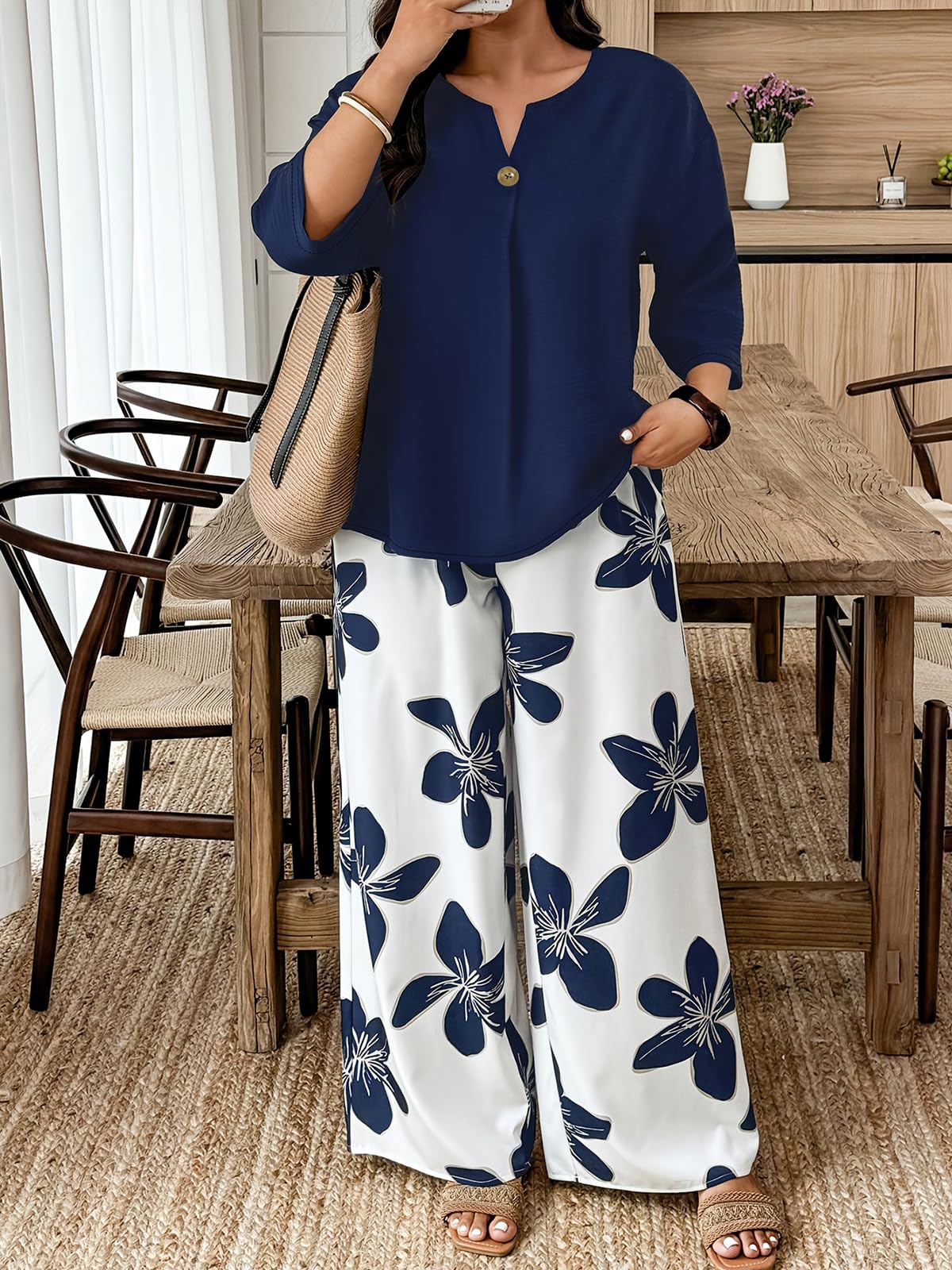 Set da 2 pezzi con top a maniche lunghe e pantaloni a gamba larga con motivo floreale, camicetta tinta unita, pantaloni con stampa a foglie, per brunch casual e da indossare tutti i giorni - 2