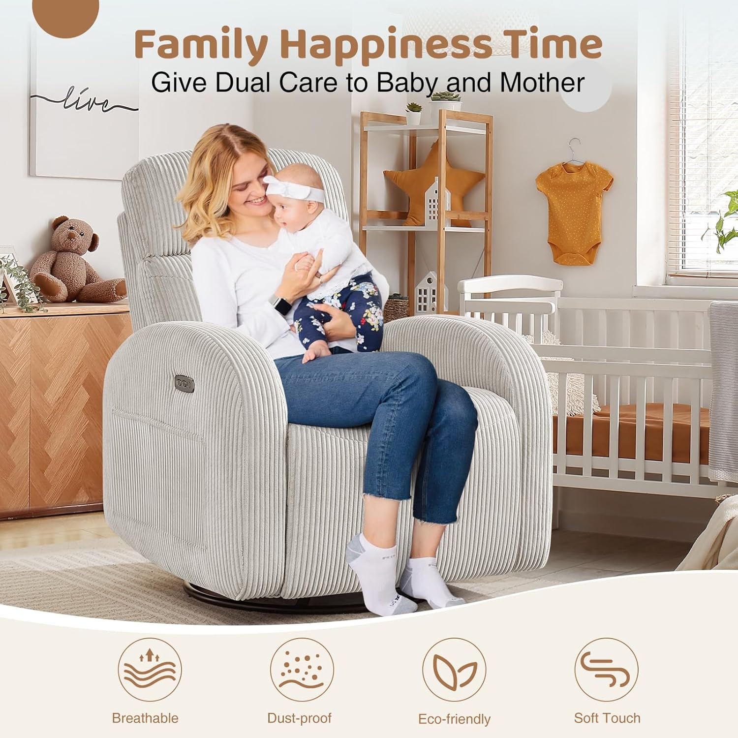 Power Rocker Recliner for Nursery, Electric Nursery Recliner Glider with USB & Type-C Port, Swivel Rocker Recliners with Double Pockets for Living Room,Camel Corduroy